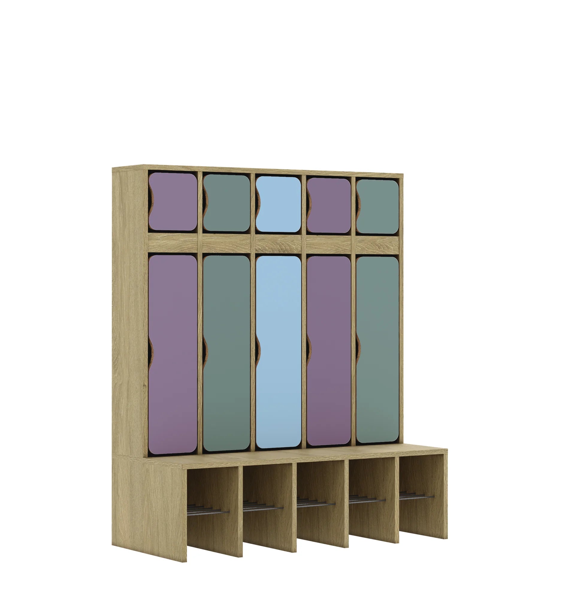 Szatnia pięcioosobowa BLOX 1108x520x1350 — drzwiczki góra/dół – dąb / Mix 2