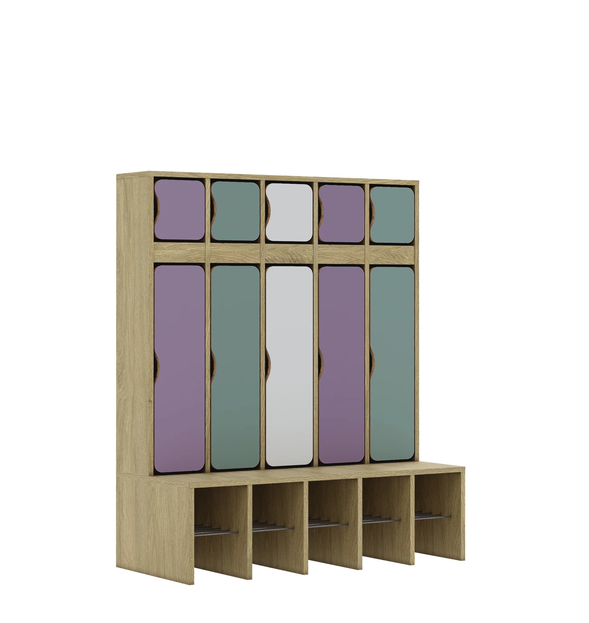Szatnia pięcioosobowa BLOX 1108x520x1350 — drzwiczki góra/dół – dąb / Mix 3
