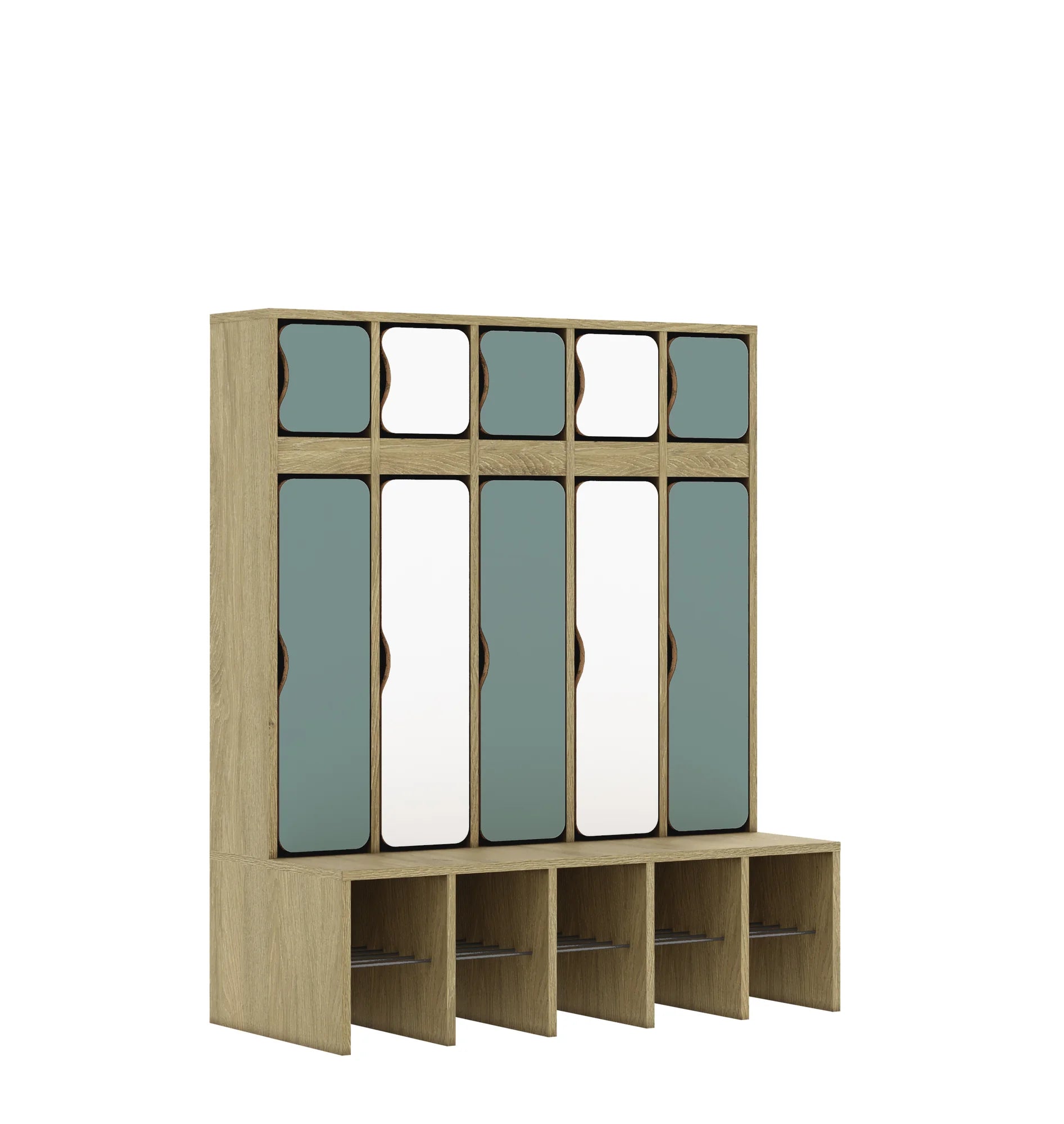 Szatnia pięcioosobowa BLOX 1108x520x1350 — drzwiczki góra/dół – dąb / Mix 4