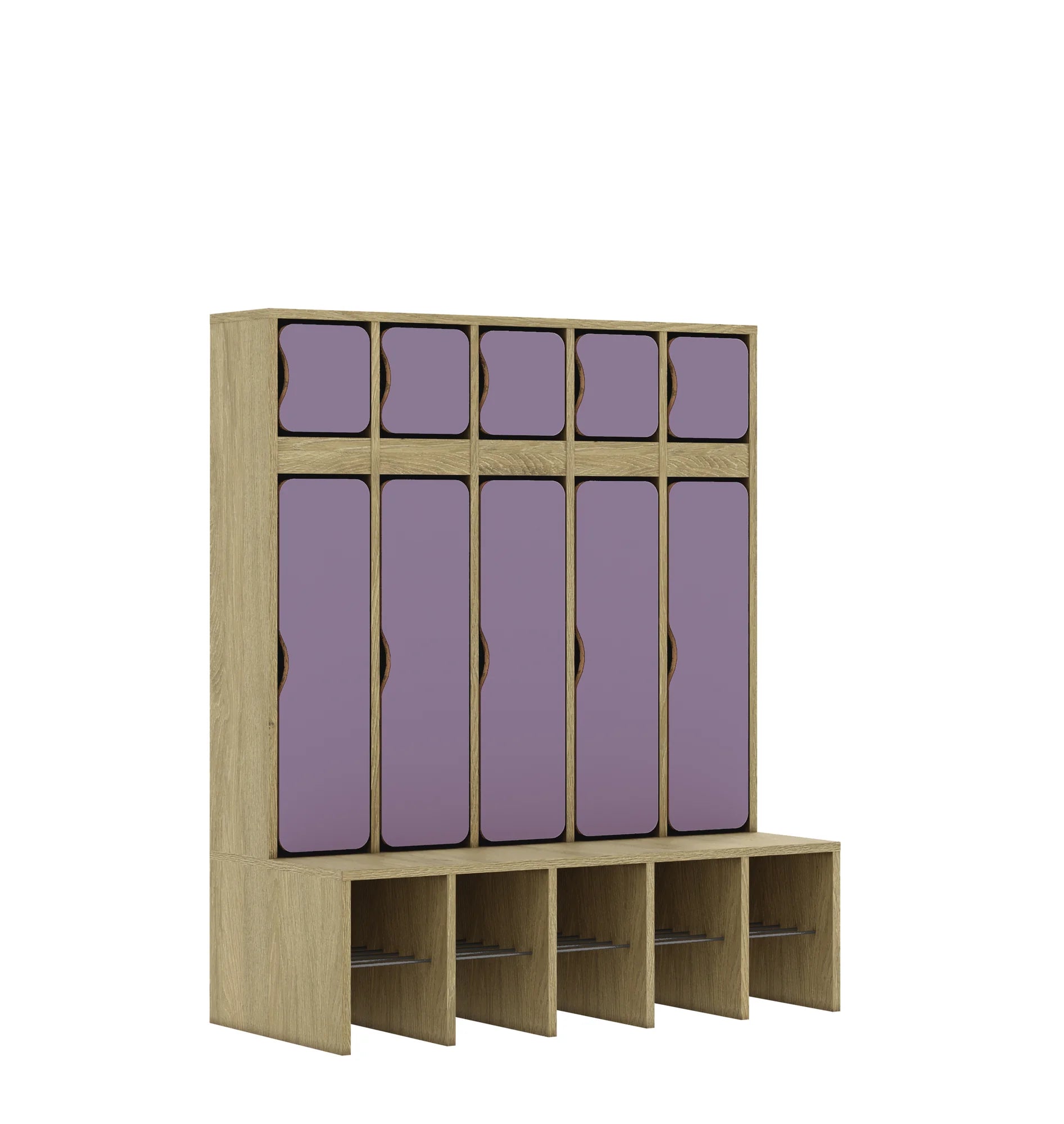 Szatnia pięcioosobowa BLOX 1108x520x1350 — drzwiczki góra/dół – dąb / pastelowy fioletowy