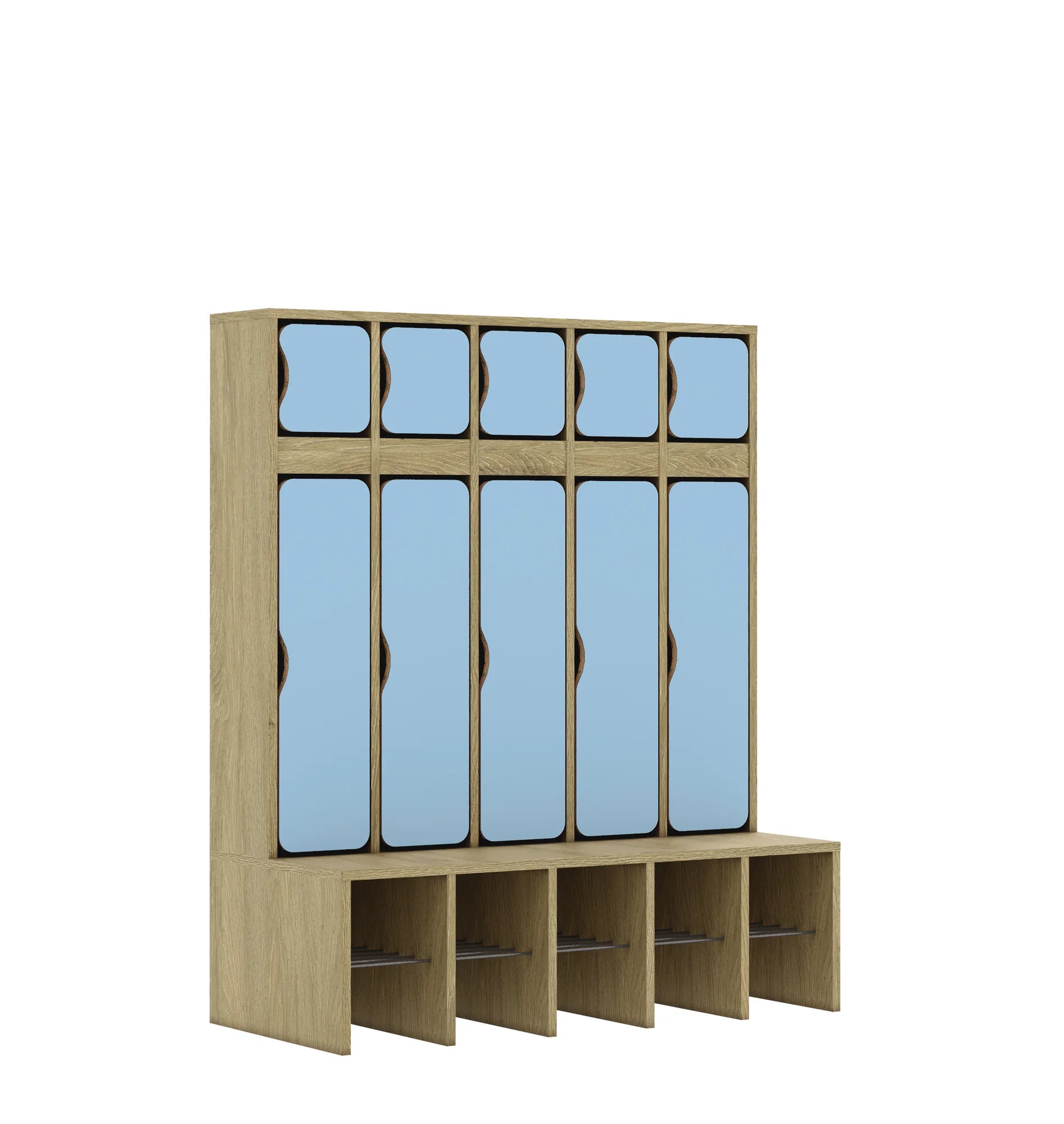 Szatnia pięcioosobowa BLOX 1108x520x1350 — drzwiczki góra/dół – dąb / pastelowy niebieski