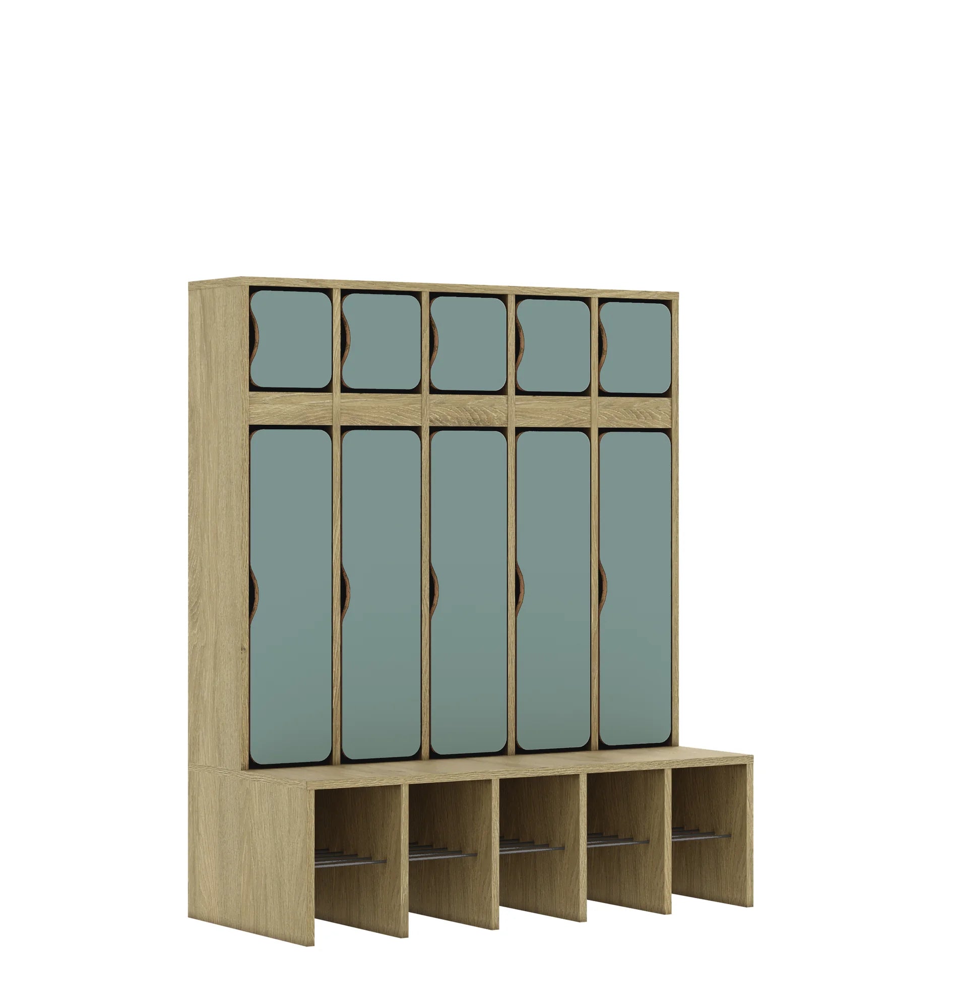 Szatnia pięcioosobowa BLOX 1108x520x1350 — drzwiczki góra/dół – dąb / pastelowy zielony