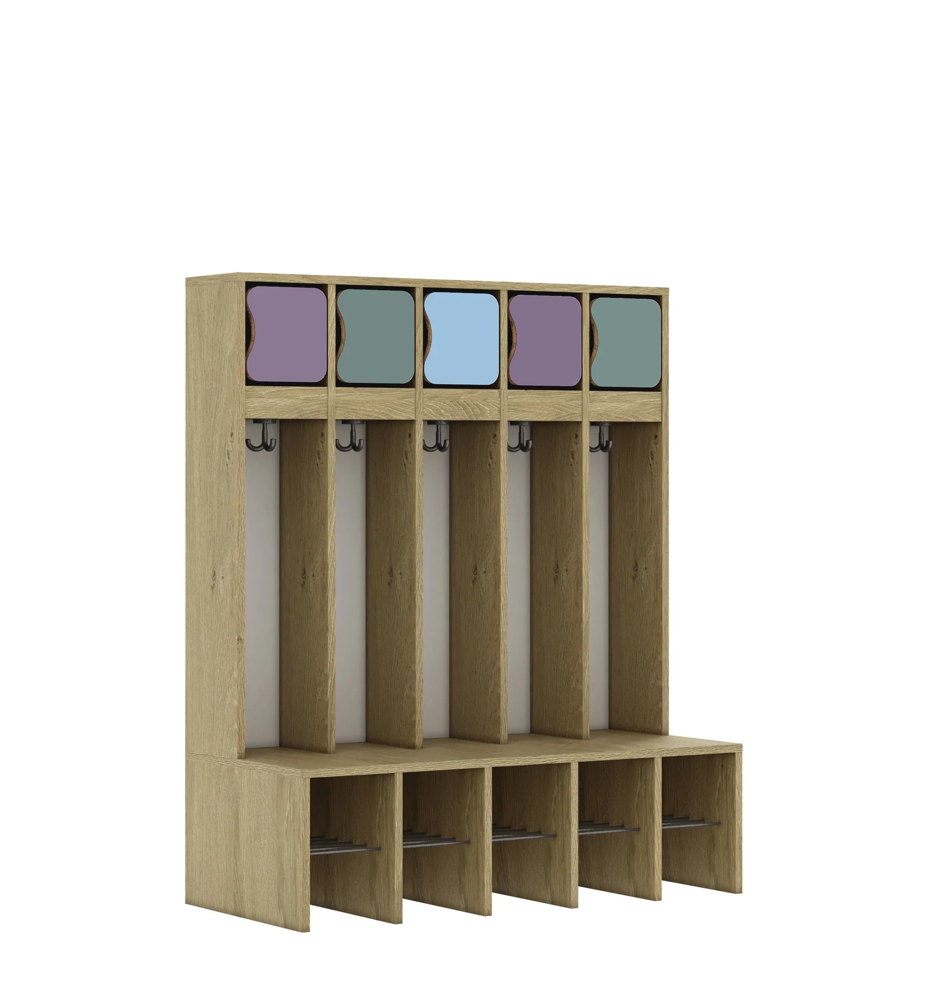 Szatnia pięcioosobowa BLOX 1108x520x1350 — drzwiczki górne – dąb / Mix 2