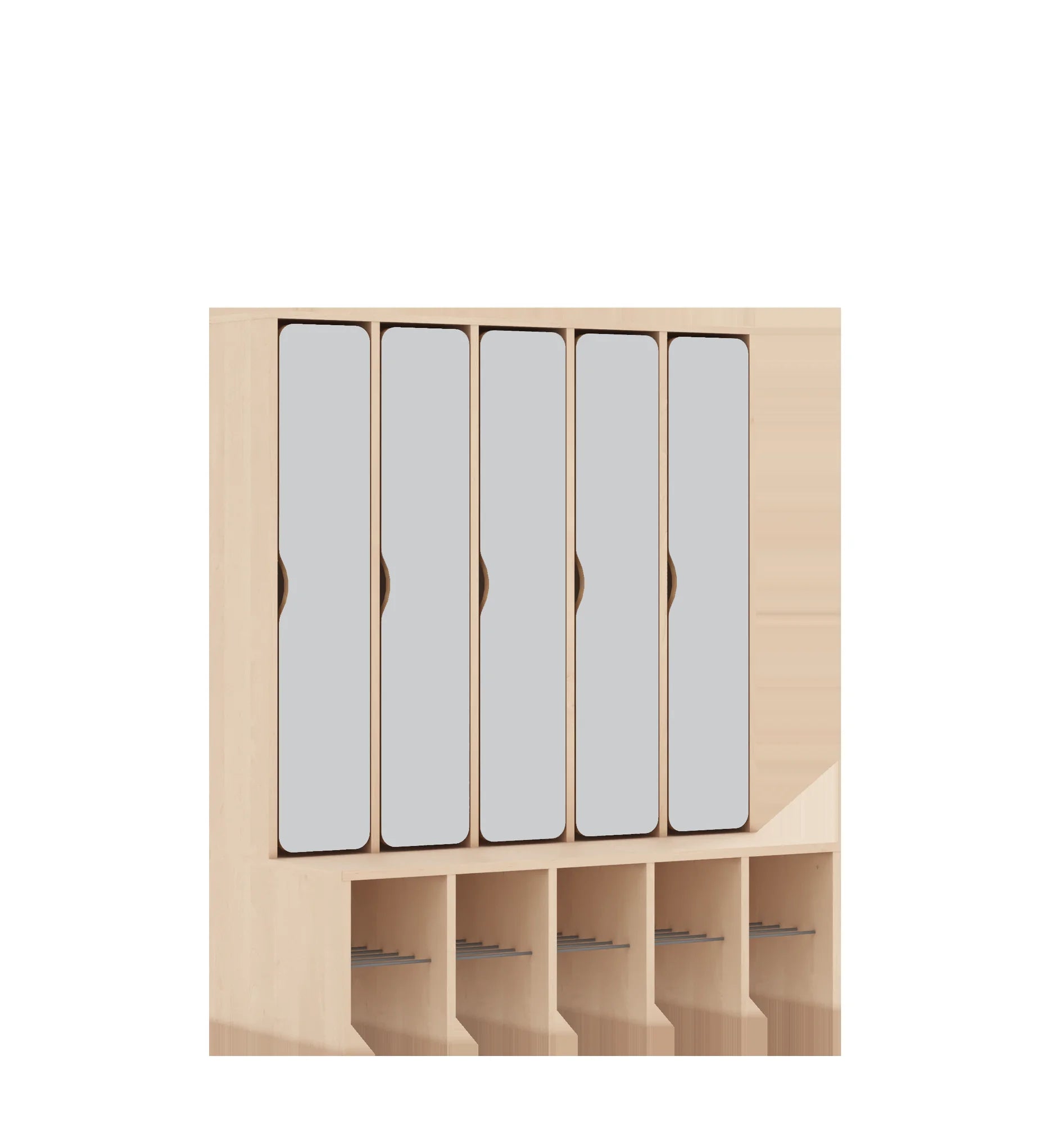 Szatnia pięcioosobowa BLOX 1108x520x1350 — drzwiczki pełne – brzoza / jasny szary
