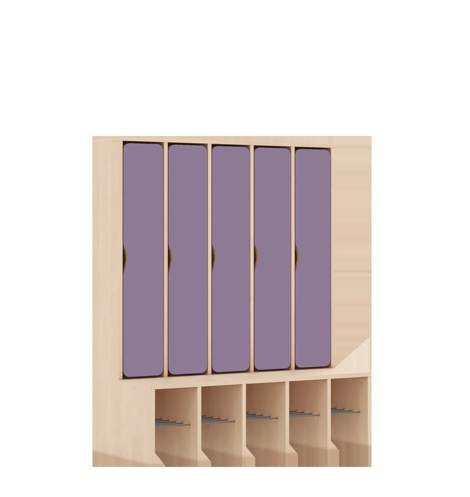 Szatnia pięcioosobowa BLOX 1108x520x1350 — drzwiczki pełne – brzoza / pastelowy fioletowy