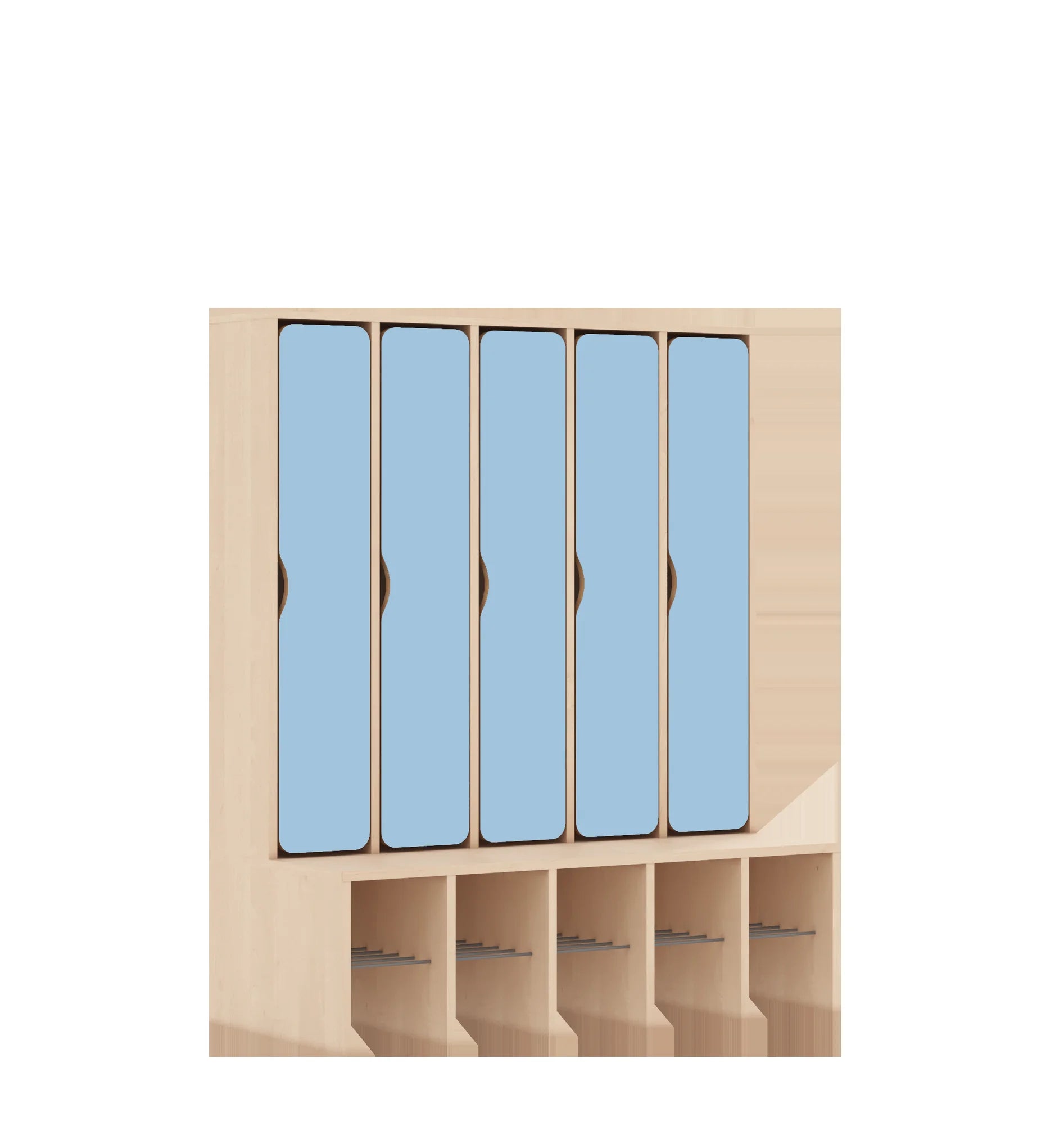 Szatnia pięcioosobowa BLOX 1108x520x1350 — drzwiczki pełne – brzoza / pastelowy niebieski