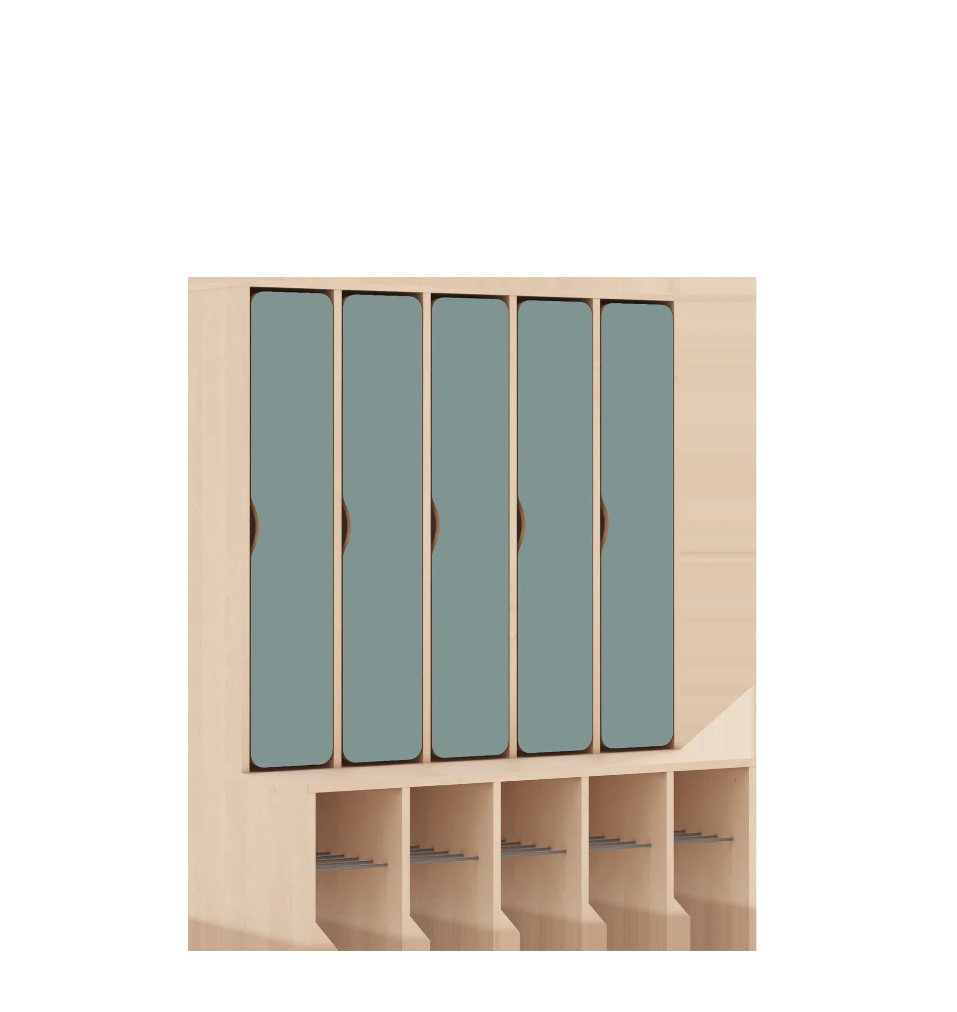 Szatnia pięcioosobowa BLOX 1108x520x1350 — drzwiczki pełne – brzoza / pastelowy zielony