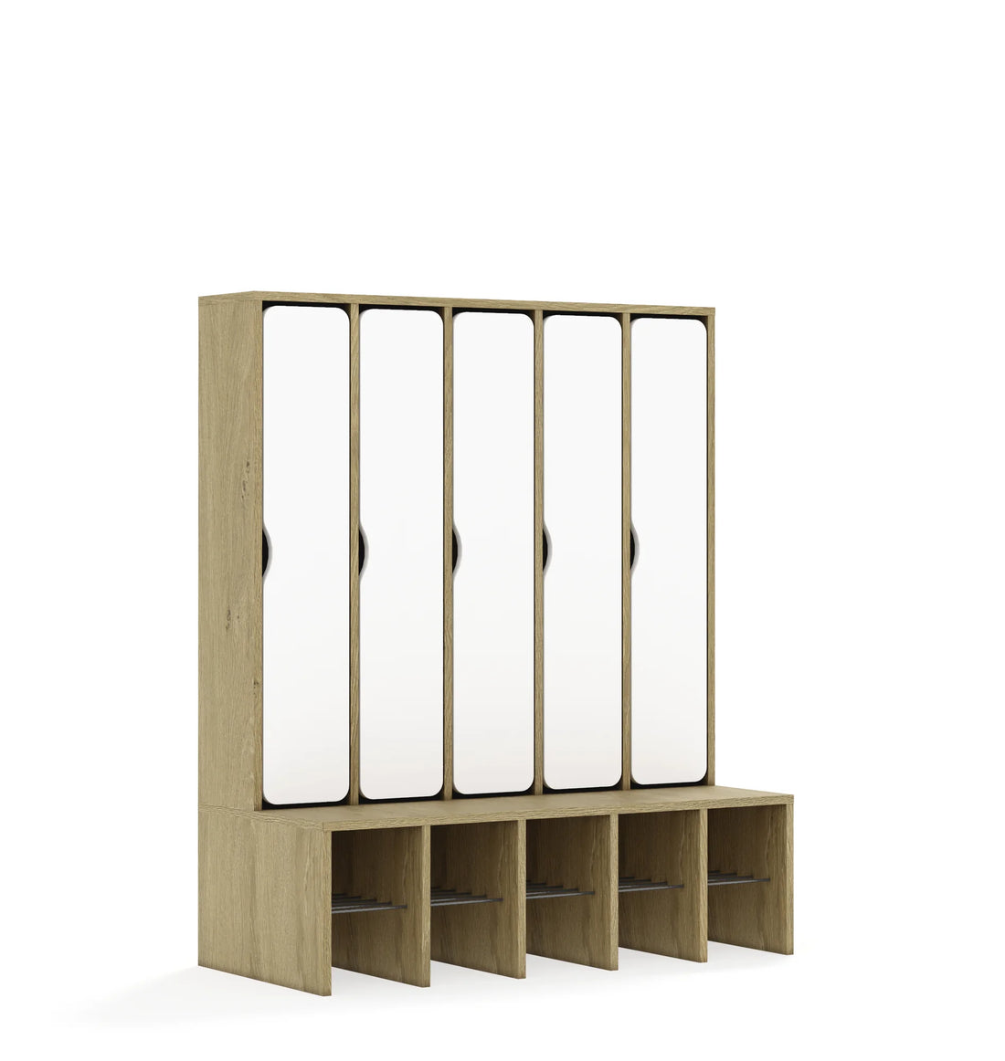 Szatnia pięcioosobowa BLOX 1108x520x1350 — drzwiczki pełne – dąb / biały
