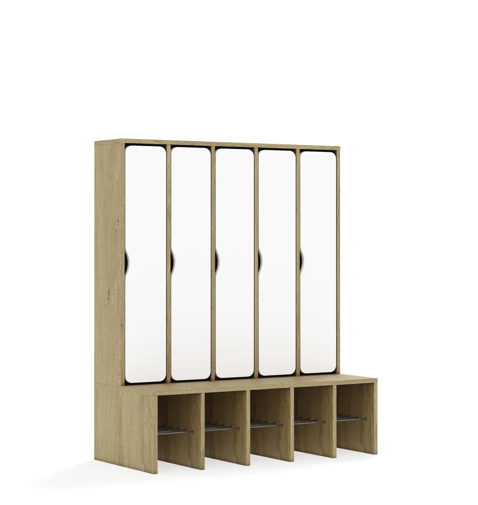 Szatnia pięcioosobowa BLOX 1108x520x1350 — drzwiczki pełne – dąb / biały