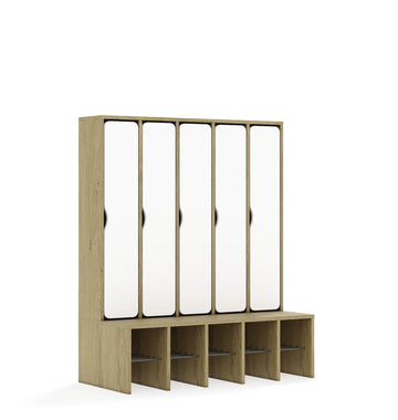 Szatnia pięcioosobowa BLOX 1108x520x1350 — drzwiczki pełne – dąb / biały