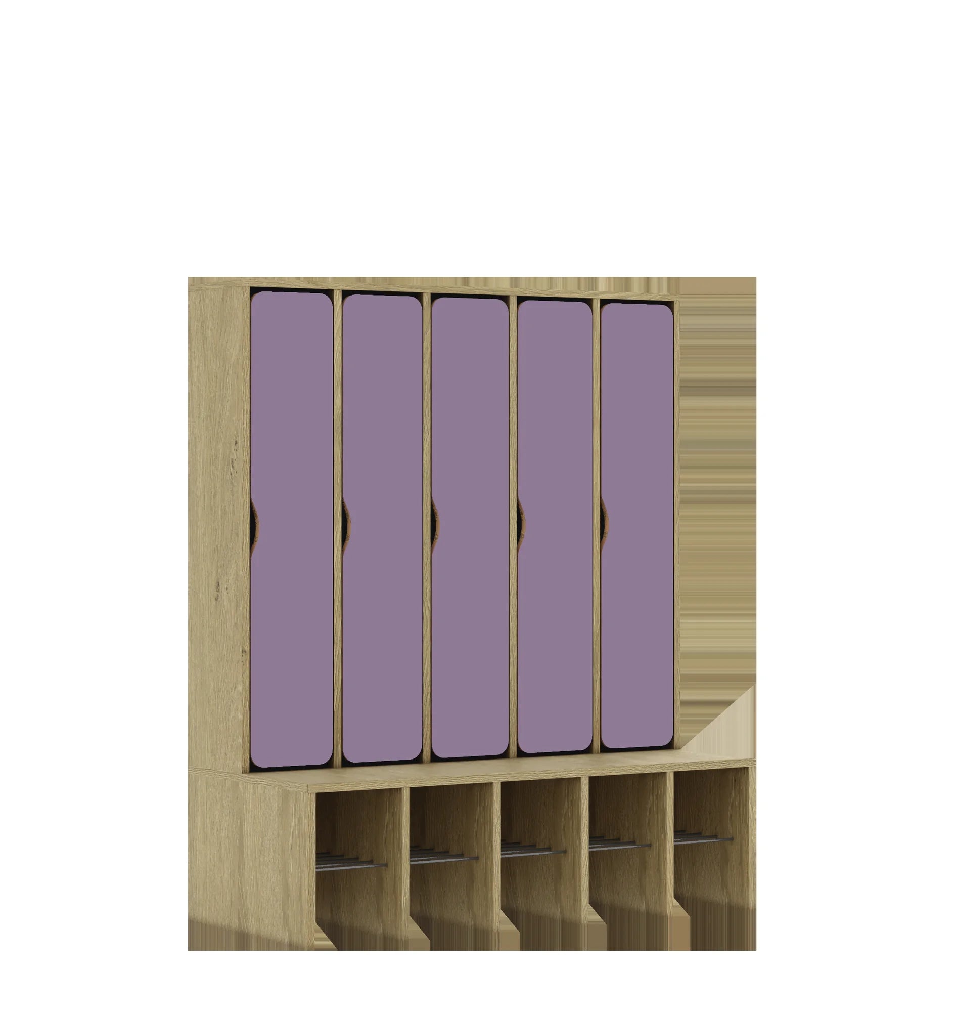 Szatnia pięcioosobowa BLOX 1108x520x1350 — drzwiczki pełne – dąb / pastelowy fioletowy