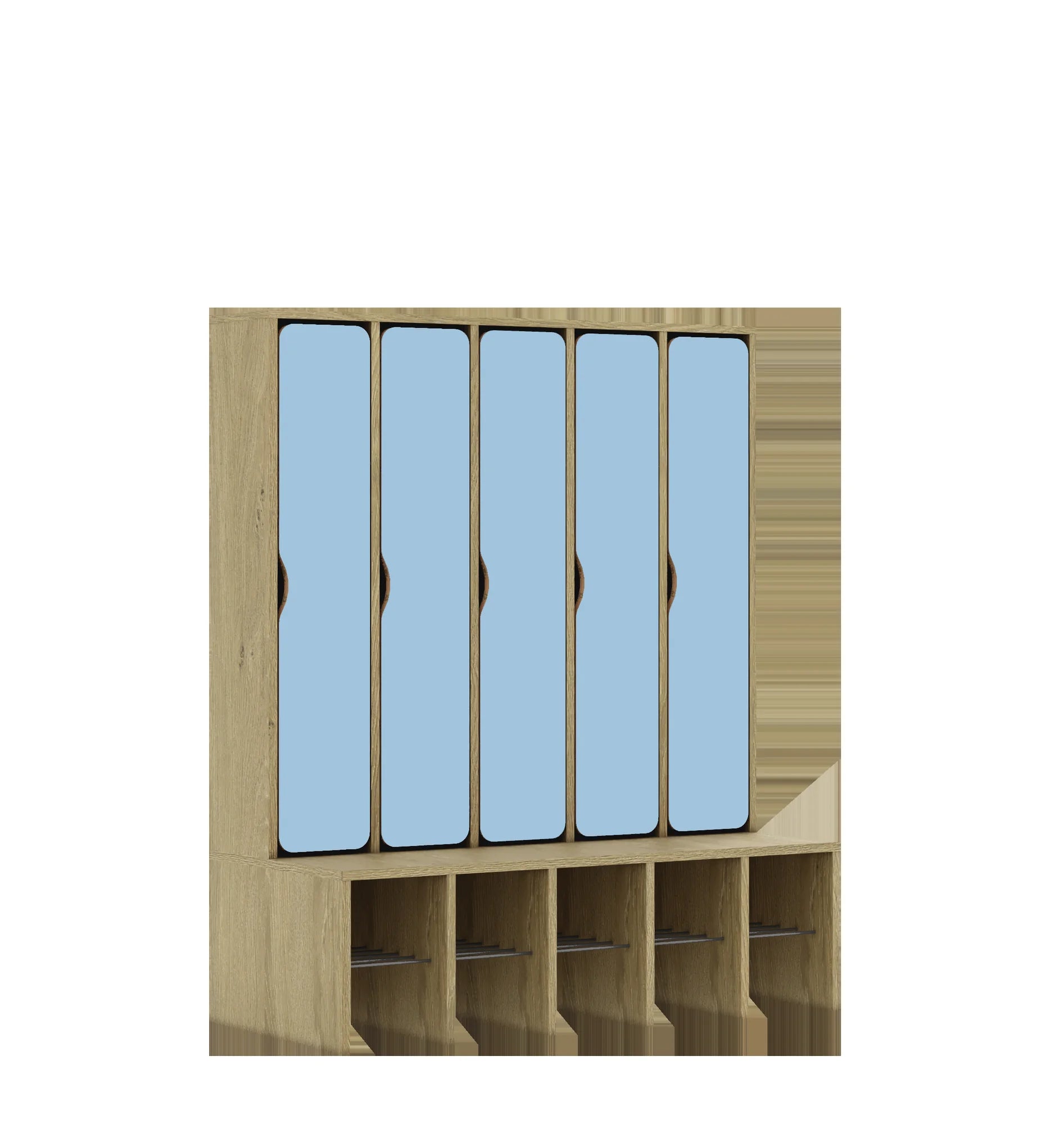 Szatnia pięcioosobowa BLOX 1108x520x1350 — drzwiczki pełne – dąb / pastelowy niebieski