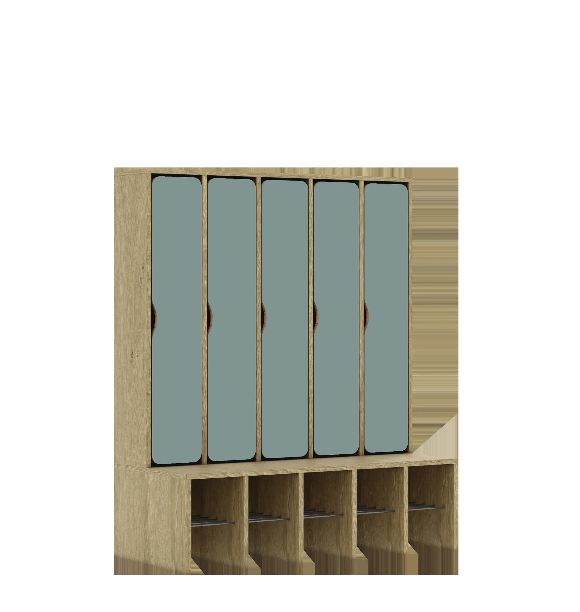 Szatnia pięcioosobowa BLOX 1108x520x1350 — drzwiczki pełne – dąb / pastelowy zielony