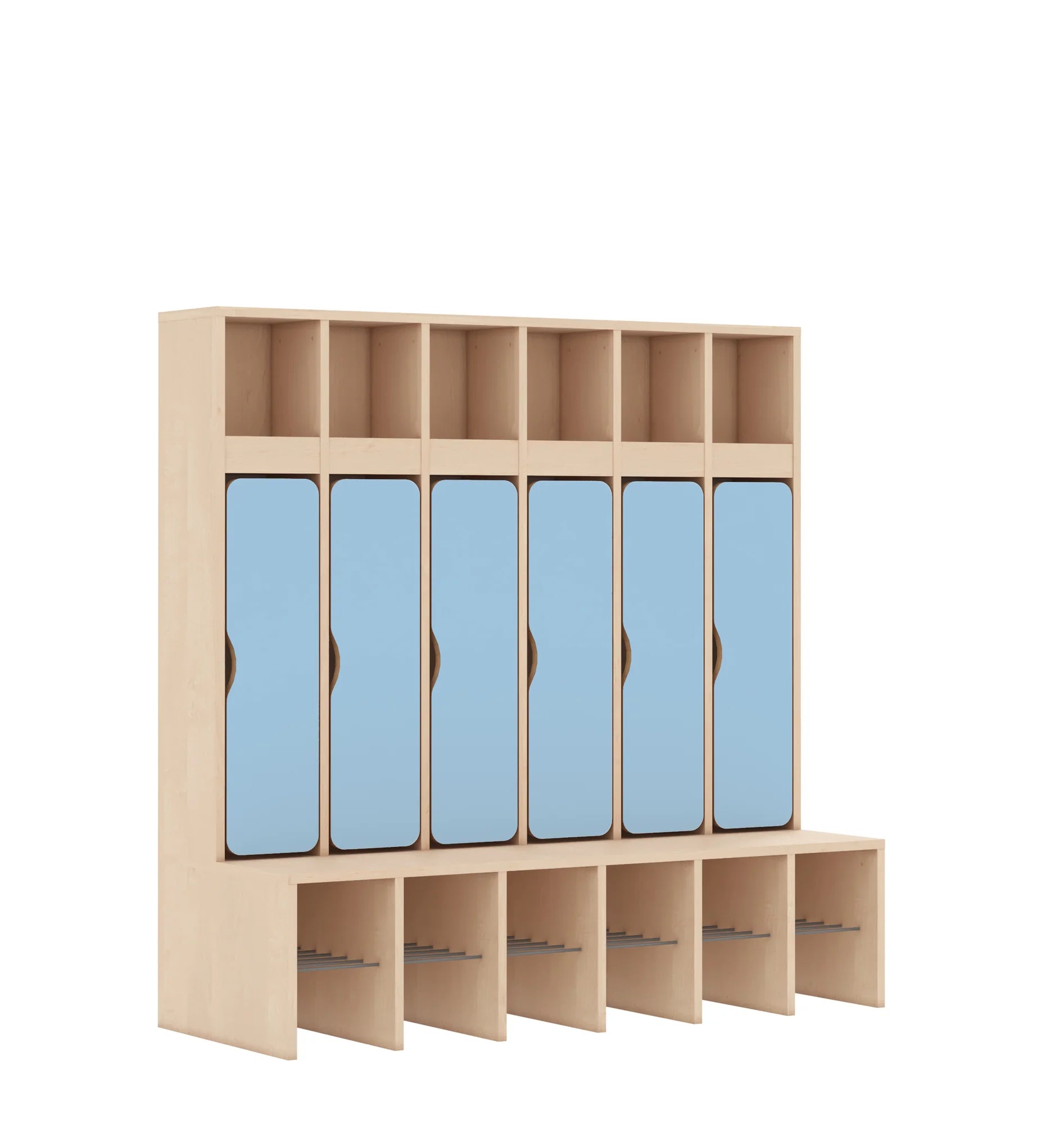 Szatnia sześcioosobowa BLOX 1326x520x1350 — drzwiczki dolne – brzoza / pastelowy niebieski