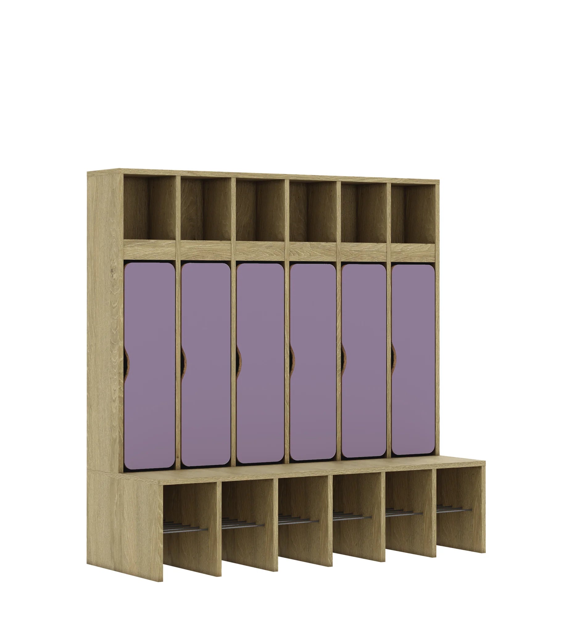 Szatnia sześcioosobowa BLOX 1326x520x1350 — drzwiczki dolne – dąb / pastelowy fioletowy