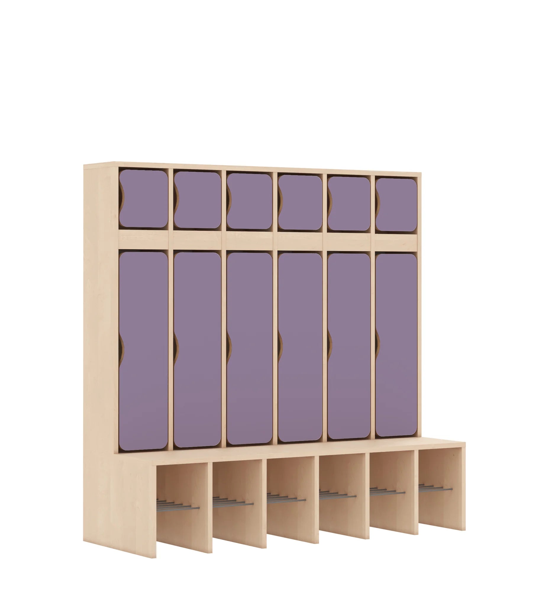 Szatnia sześcioosobowa BLOX 1326x520x1350 — drzwiczki góra/dół – brzoza / pastelowy fioletowy