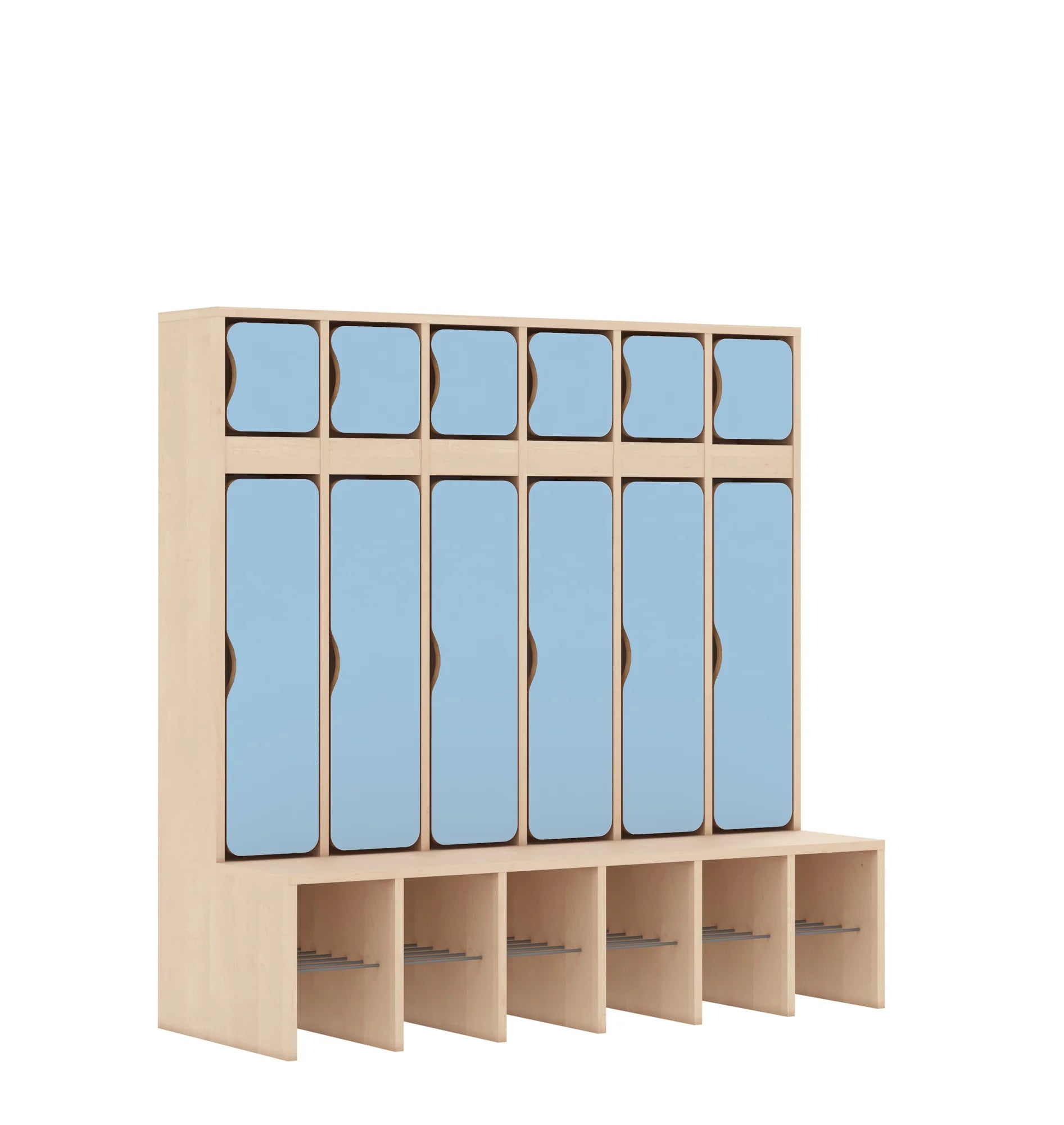 Szatnia sześcioosobowa BLOX 1326x520x1350 — drzwiczki góra/dół – brzoza / pastelowy niebieski