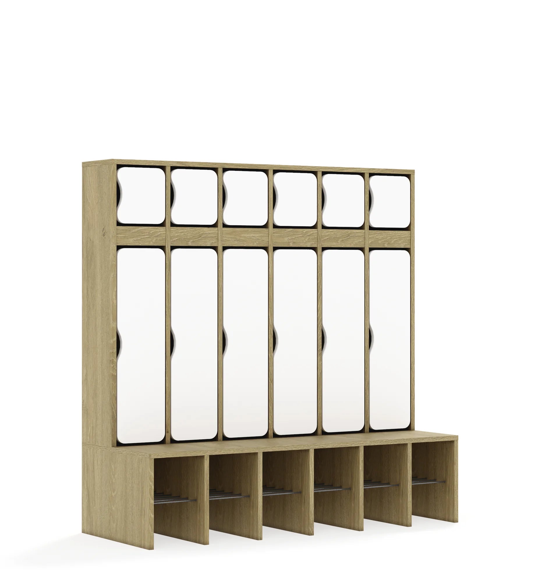 Szatnia sześcioosobowa BLOX 1326x520x1350 — drzwiczki góra/dół – dąb / biały