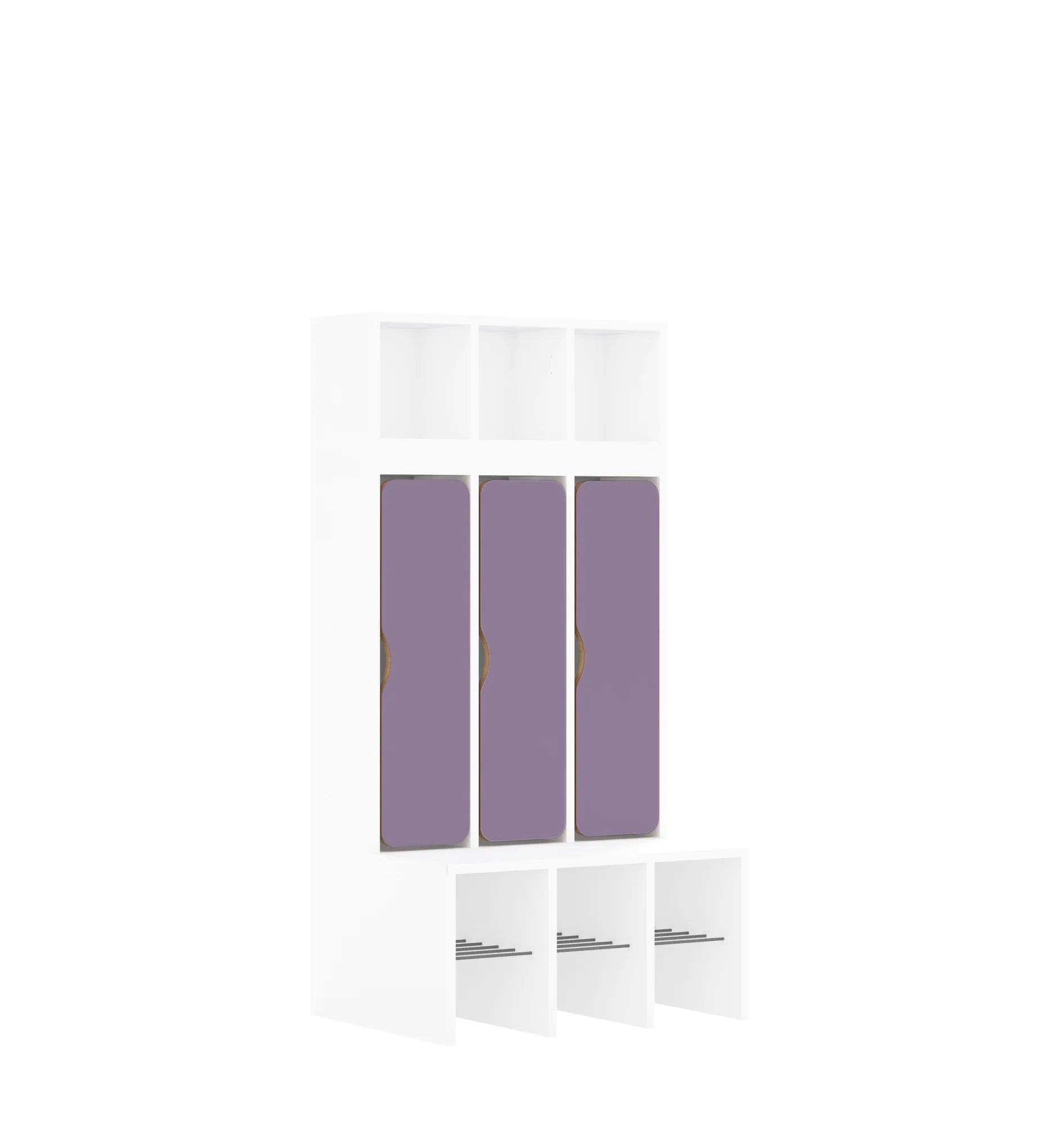 Szatnia trzyosobowa BLOX 672x520x1350 — drzwiczki dolne – biały / pastelowy fioletowy