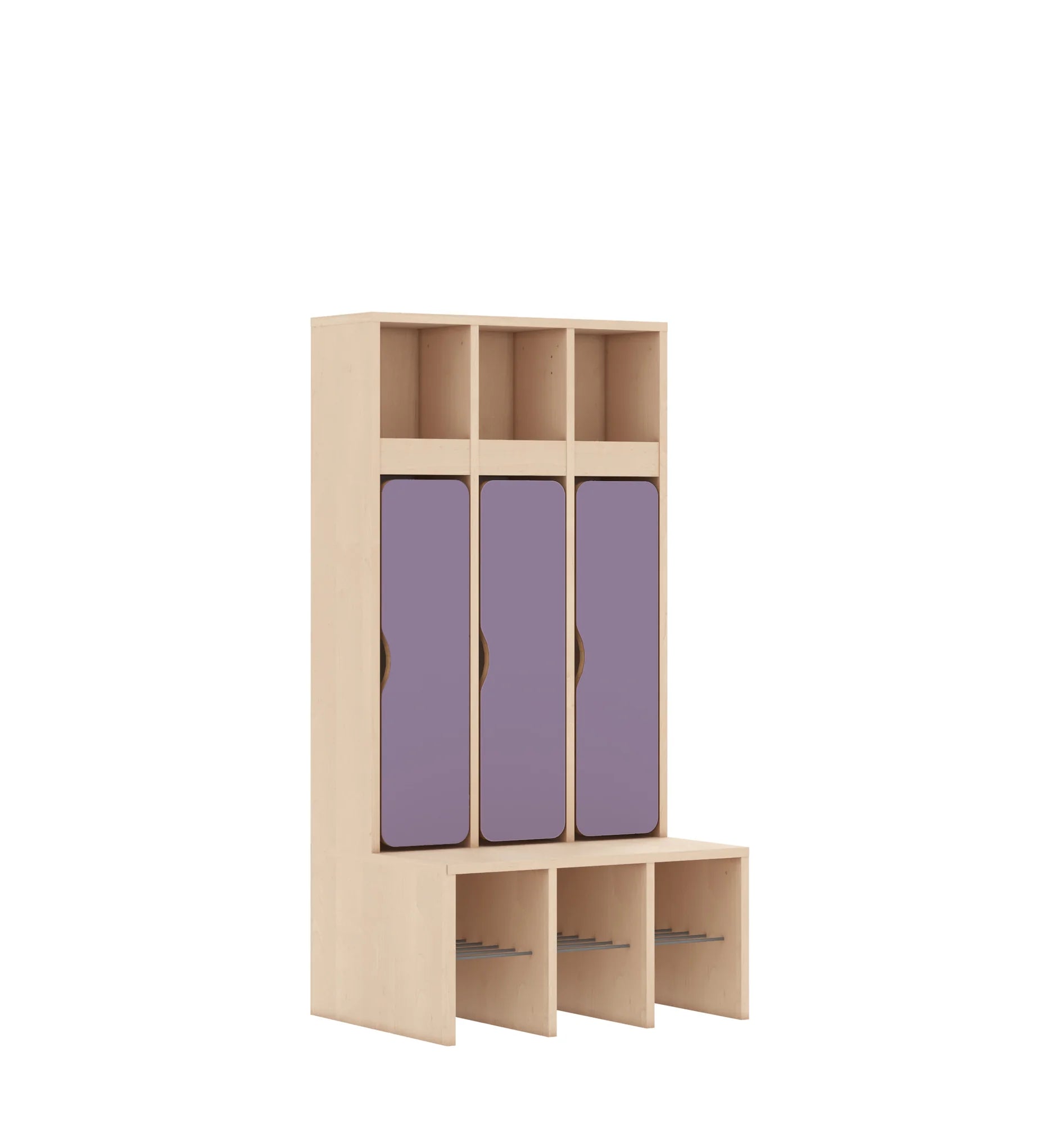Szatnia trzyosobowa BLOX 672x520x1350 — drzwiczki dolne – brzoza / pastelowy fioletowy