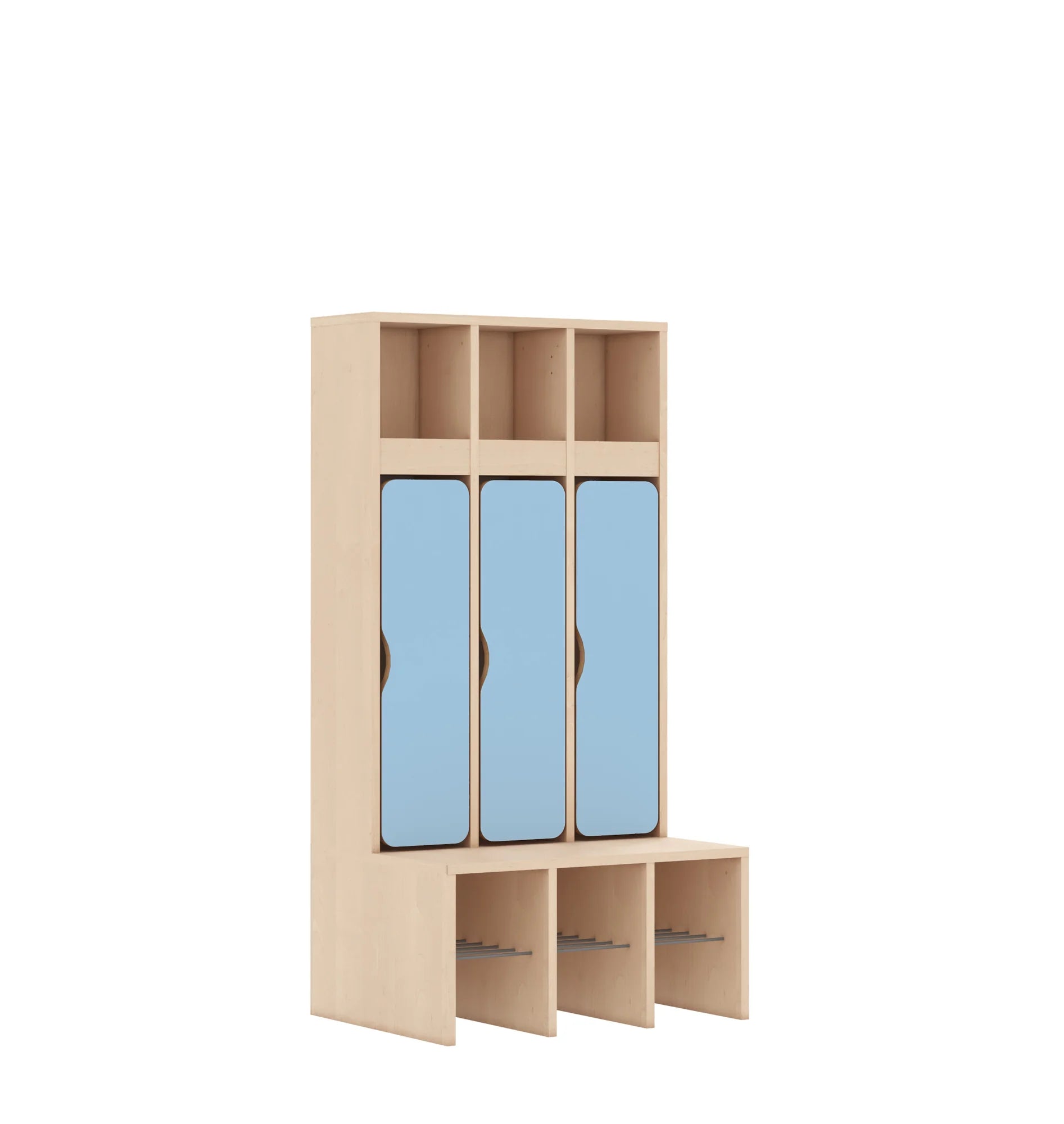 Szatnia trzyosobowa BLOX 672x520x1350 — drzwiczki dolne – brzoza / pastelowy niebieski