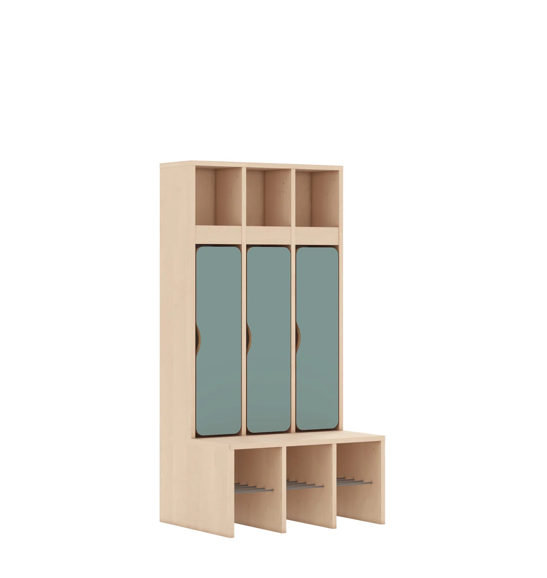 Szatnia trzyosobowa BLOX 672x520x1350 — drzwiczki dolne – brzoza / pastelowy zielony