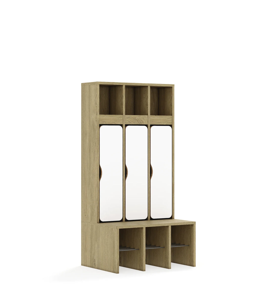 Szatnia trzyosobowa BLOX 672x520x1350 — drzwiczki dolne – dąb / biały