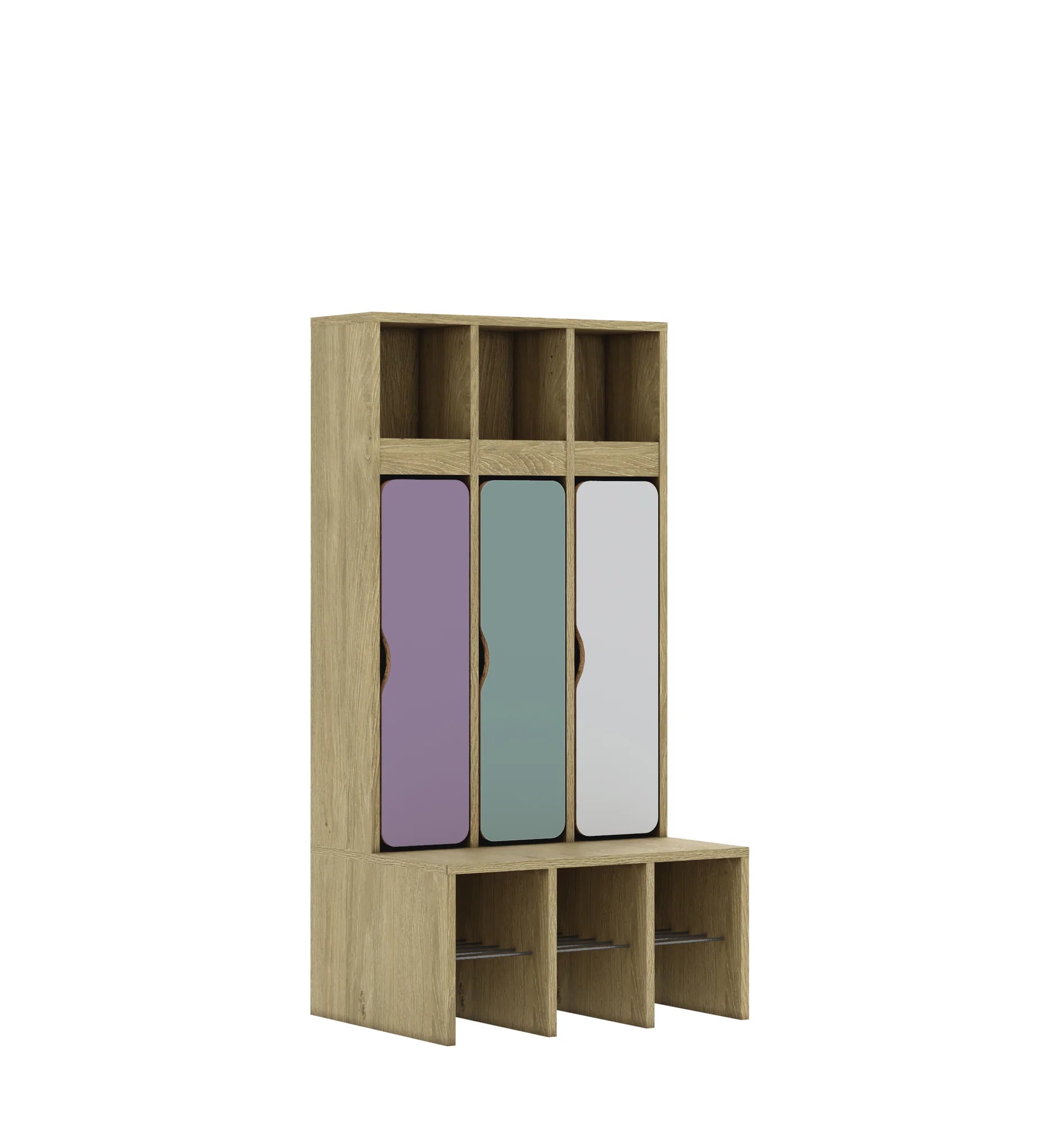 Szatnia trzyosobowa BLOX 672x520x1350 — drzwiczki dolne – dąb / Mix 3