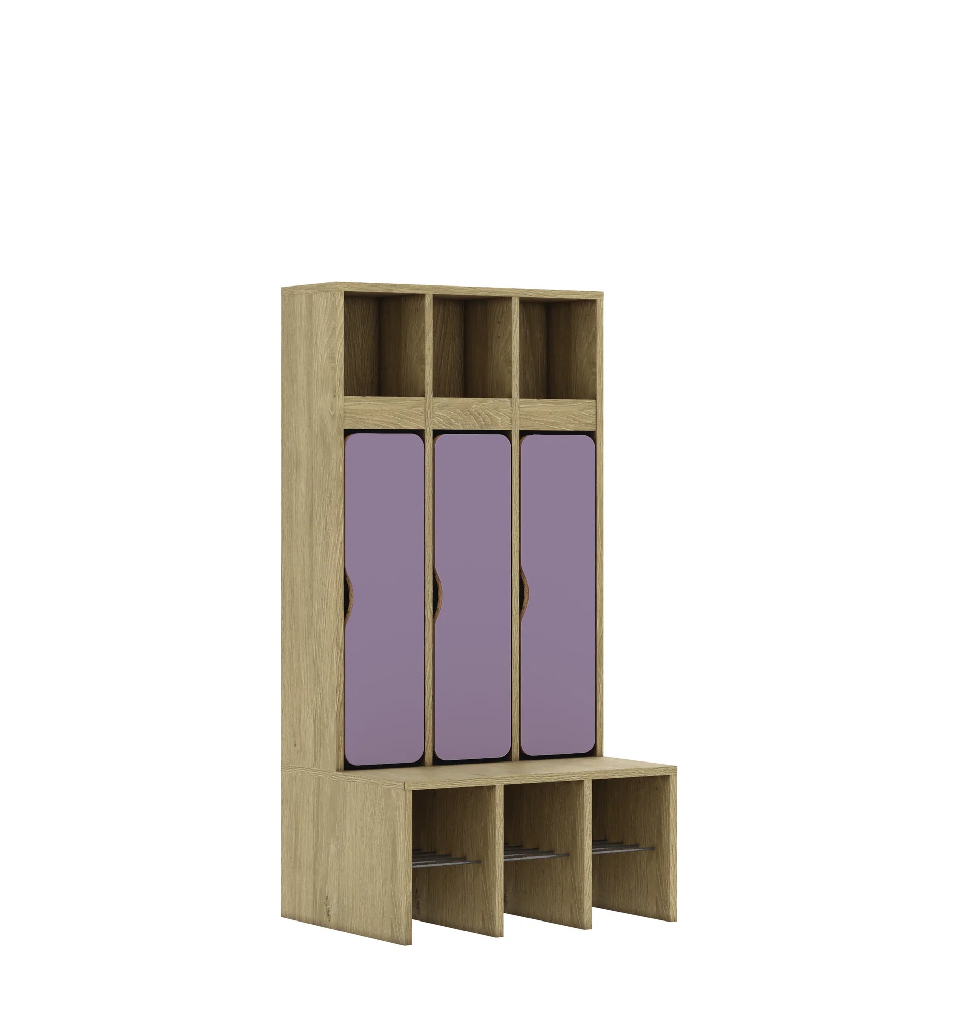 Szatnia trzyosobowa BLOX 672x520x1350 — drzwiczki dolne – dąb / pastelowy fioletowy