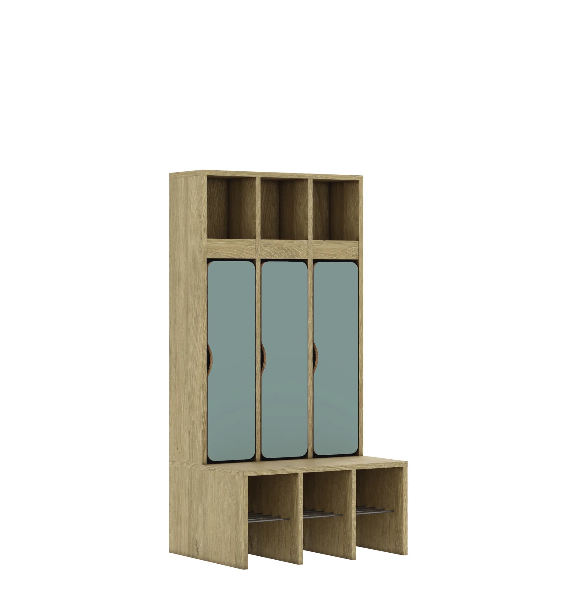 Szatnia trzyosobowa BLOX 672x520x1350 — drzwiczki dolne – dąb / pastelowy zielony