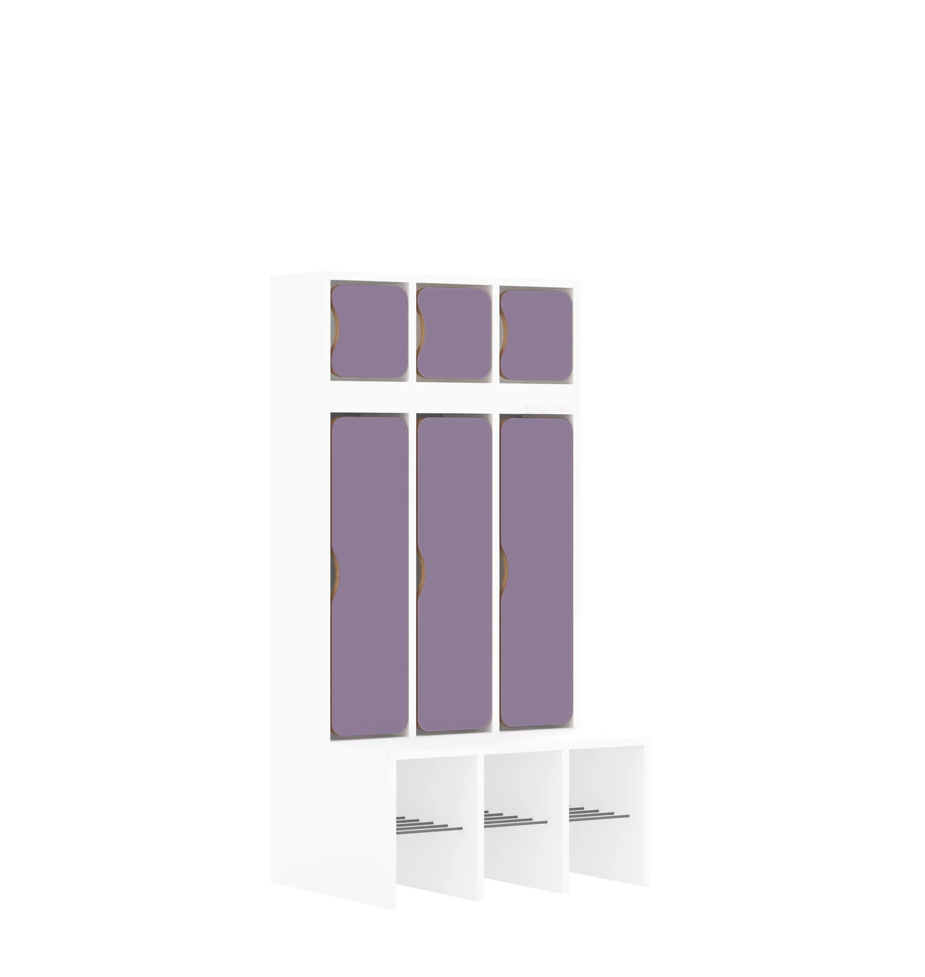 Szatnia trzyosobowa BLOX 672x520x1350 — drzwiczki góra/dół – biały / pastelowy fioletowy