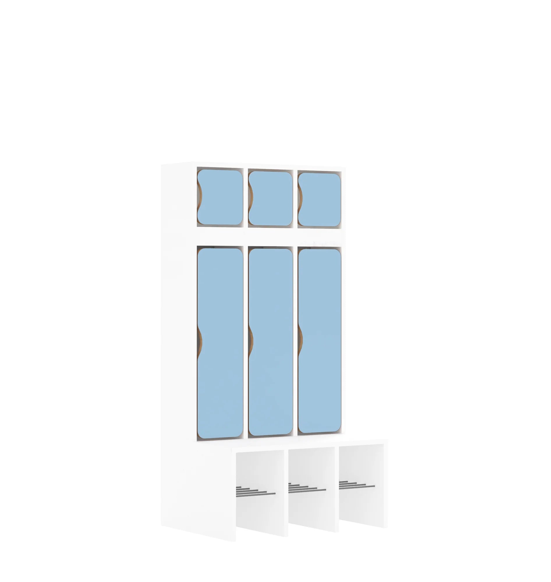 Szatnia trzyosobowa BLOX 672x520x1350 — drzwiczki góra/dół – biały / pastelowy niebieski