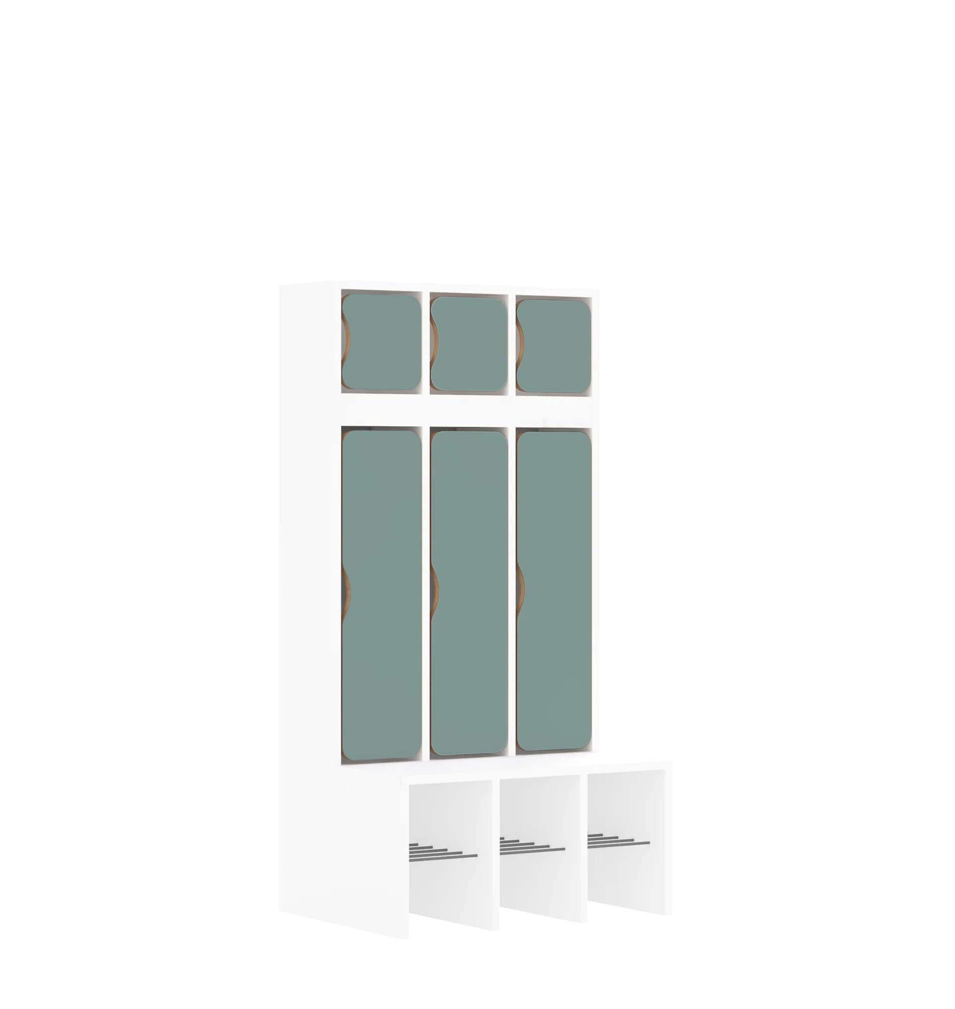Szatnia trzyosobowa BLOX 672x520x1350 — drzwiczki góra/dół – biały / pastelowy zielony