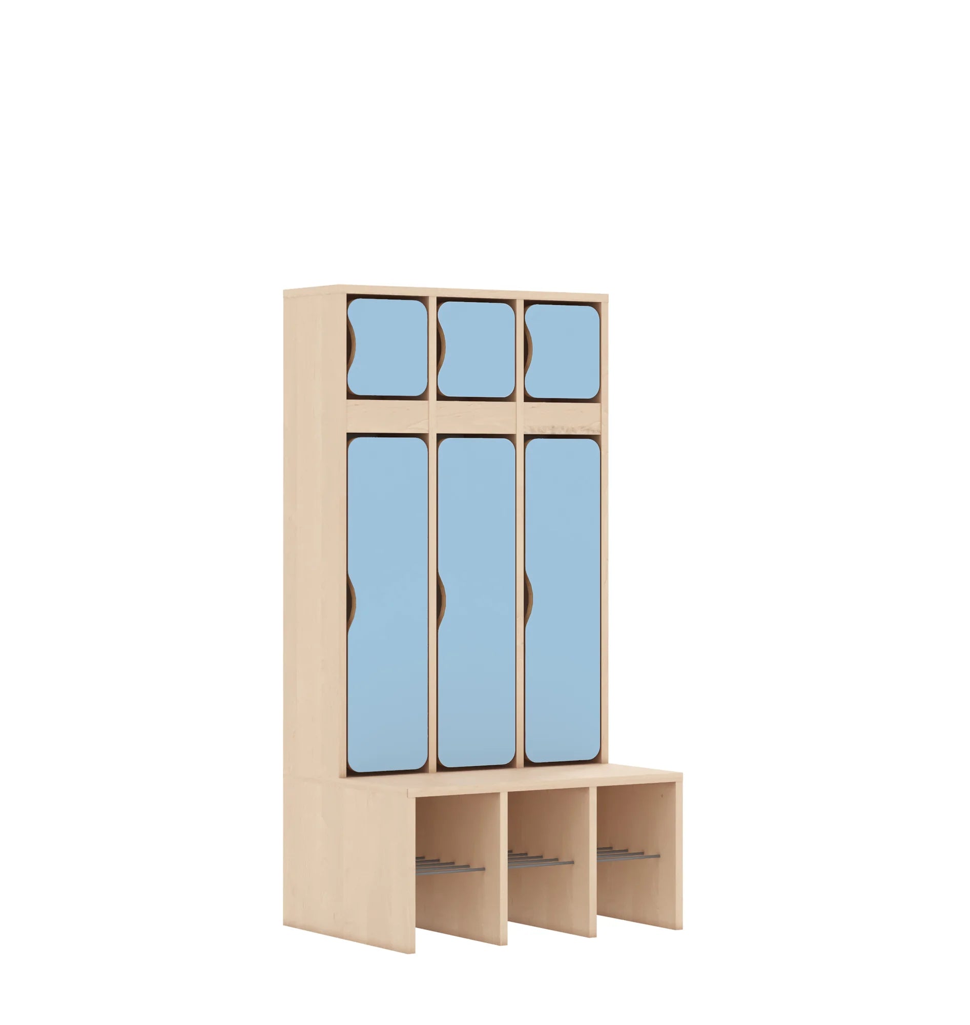 Szatnia trzyosobowa BLOX 672x520x1350 — drzwiczki góra/dół – brzoza / pastelowy niebieski