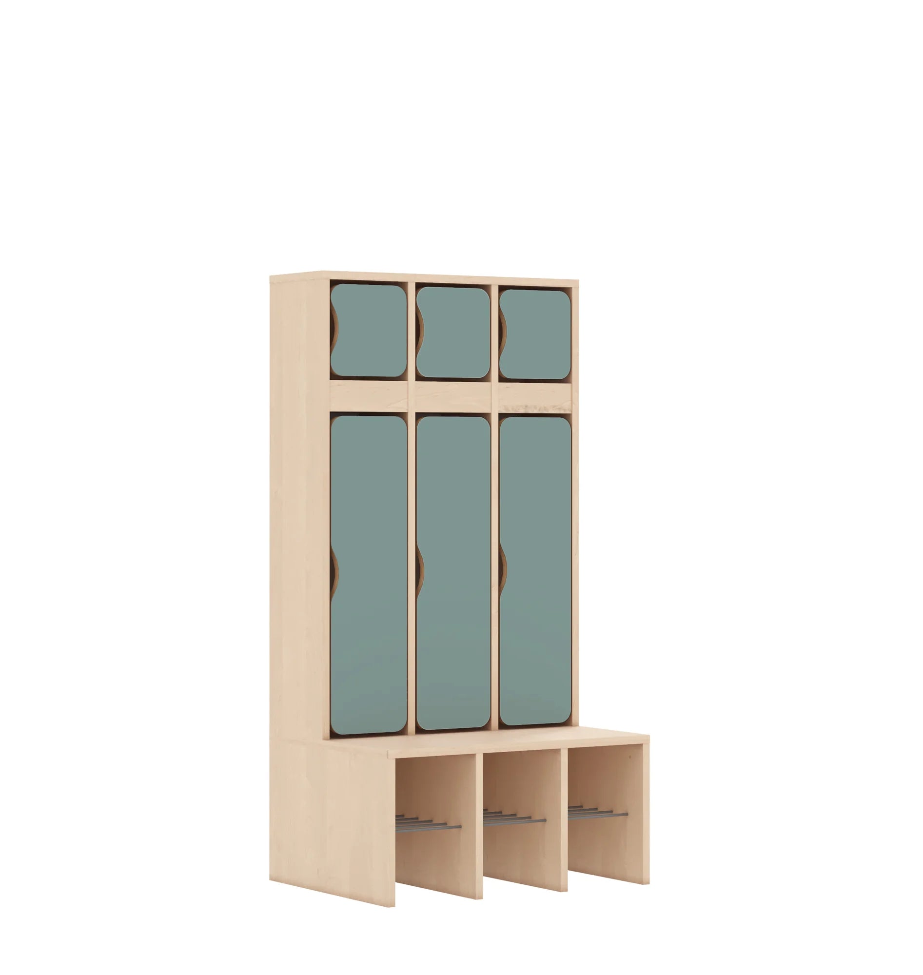 Szatnia trzyosobowa BLOX 672x520x1350 — drzwiczki góra/dół – brzoza / pastelowy zielony