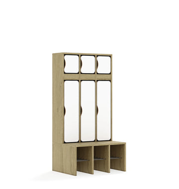 Szatnia trzyosobowa BLOX 672x520x1350 — drzwiczki góra/dół – dąb / biały