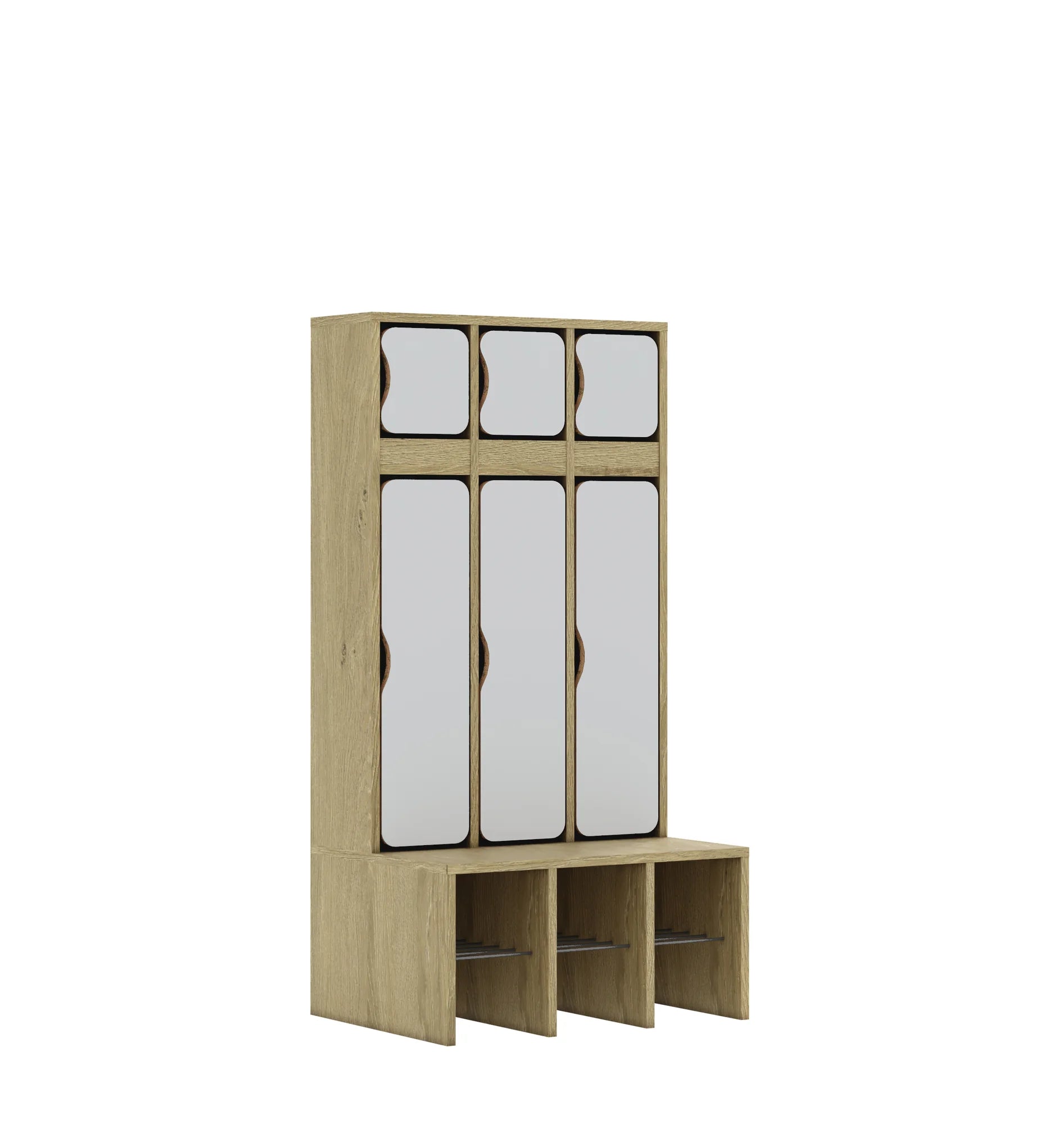 Szatnia trzyosobowa BLOX 672x520x1350 — drzwiczki góra/dół – dąb / jasny szary