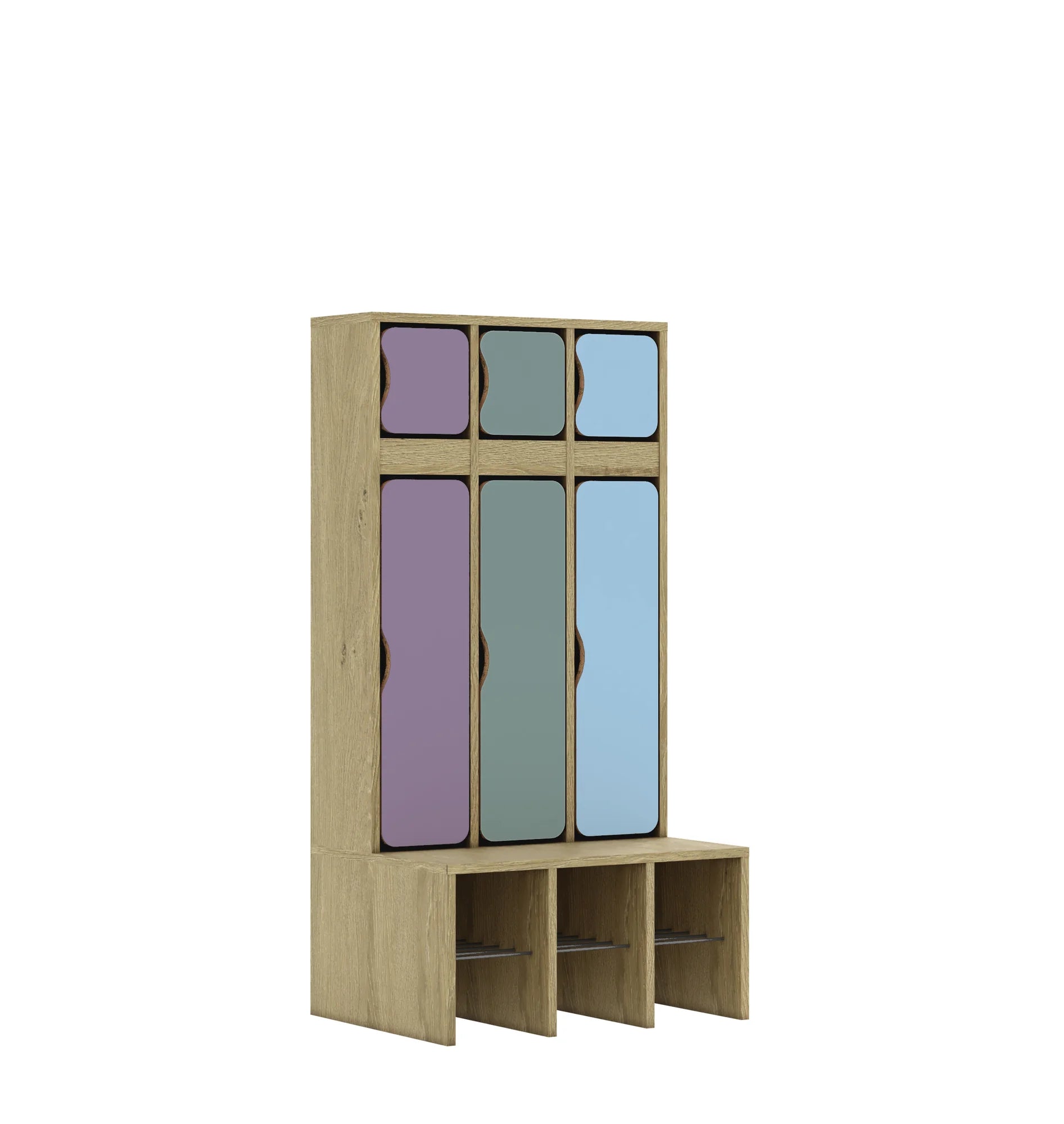 Szatnia trzyosobowa BLOX 672x520x1350 — drzwiczki góra/dół – dąb / Mix 2