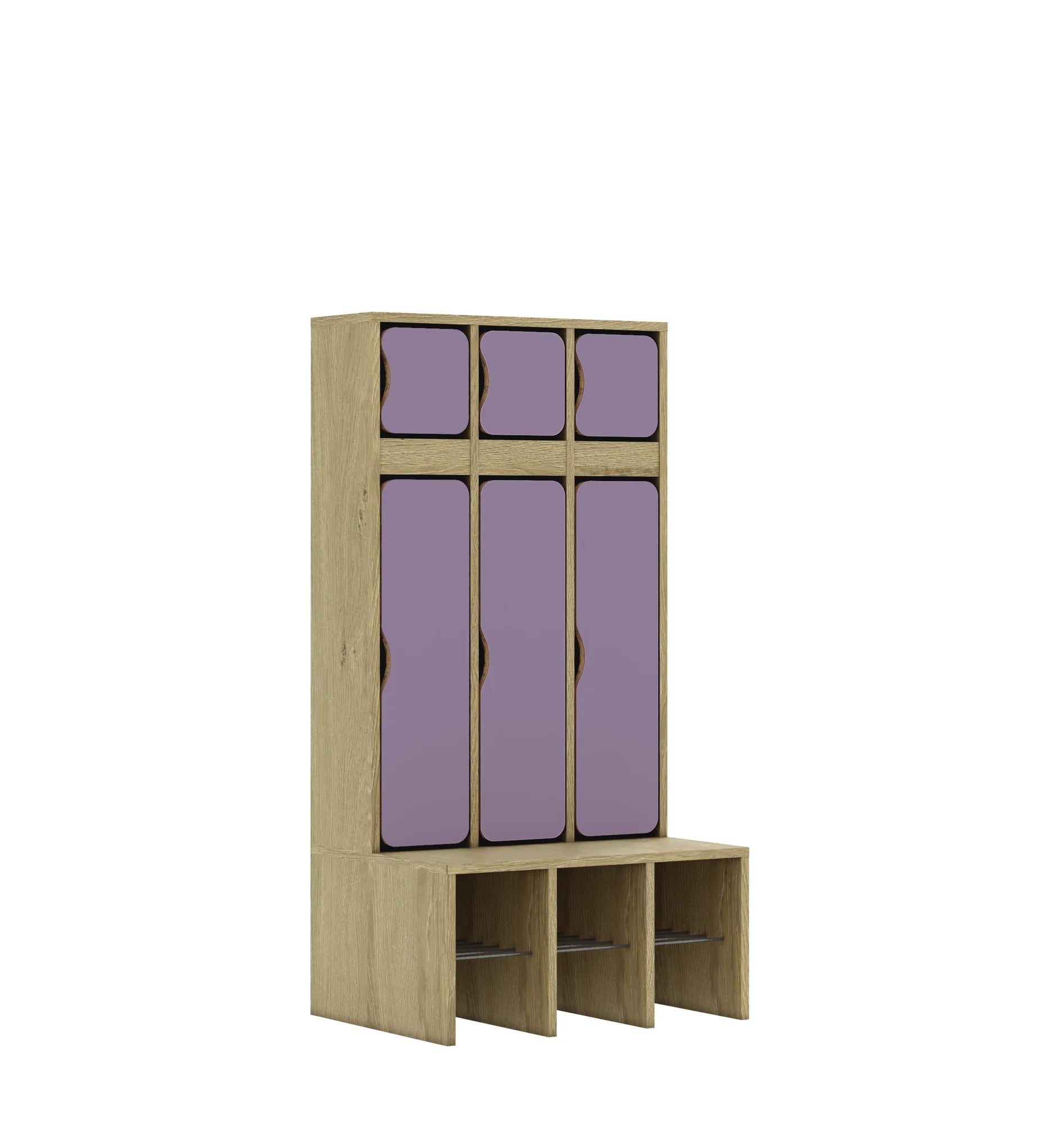 Szatnia trzyosobowa BLOX 672x520x1350 — drzwiczki góra/dół – dąb / pastelowy fioletowy