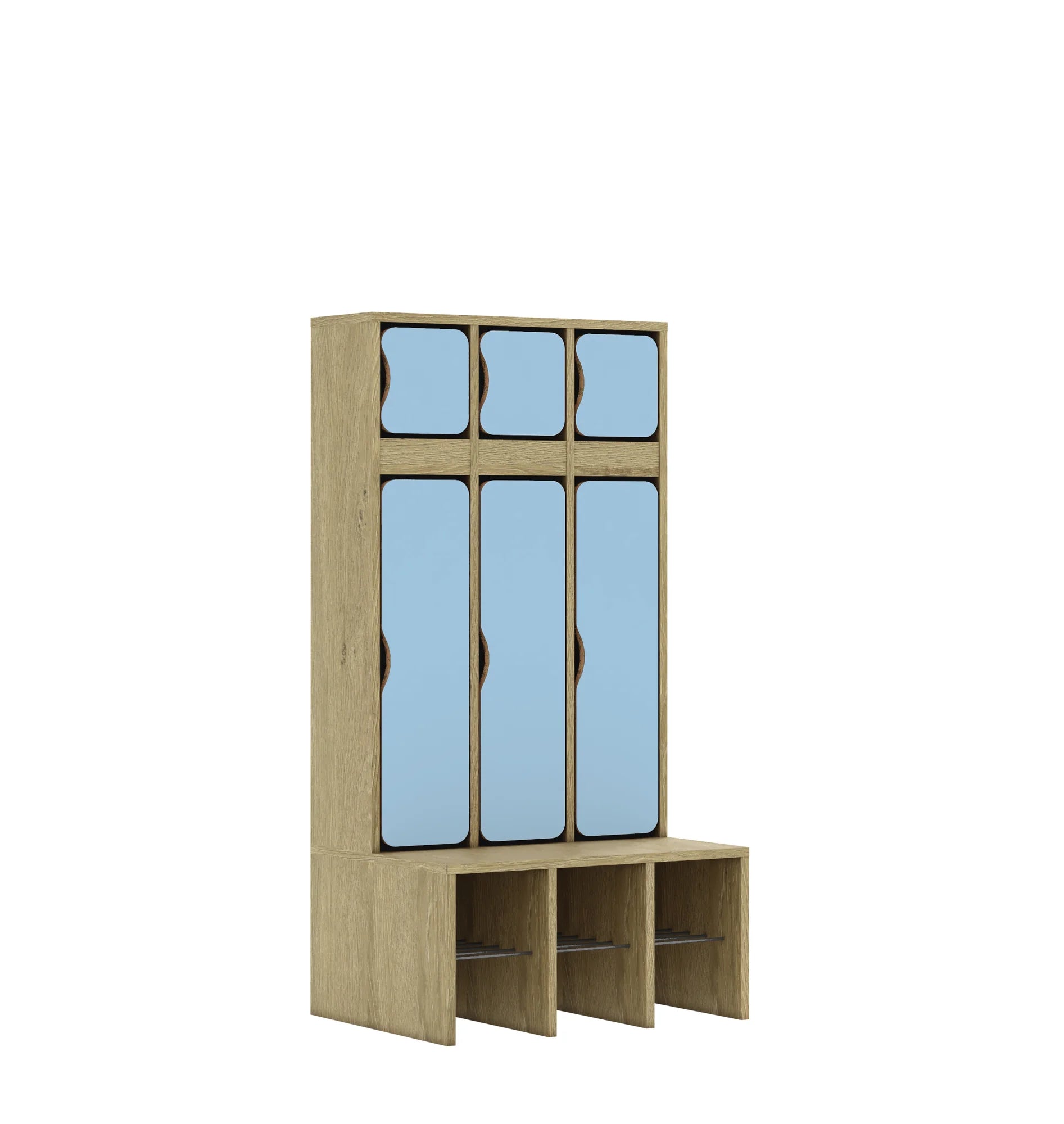 Szatnia trzyosobowa BLOX 672x520x1350 — drzwiczki góra/dół – dąb / pastelowy niebieski