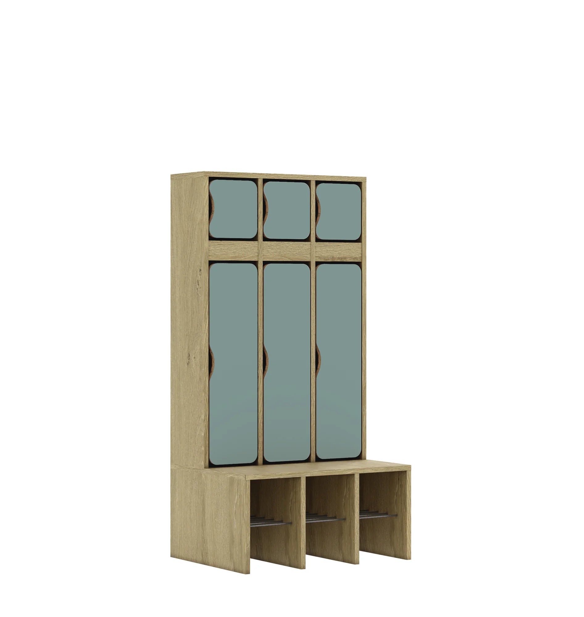 Szatnia trzyosobowa BLOX 672x520x1350 — drzwiczki góra/dół – dąb / pastelowy zielony