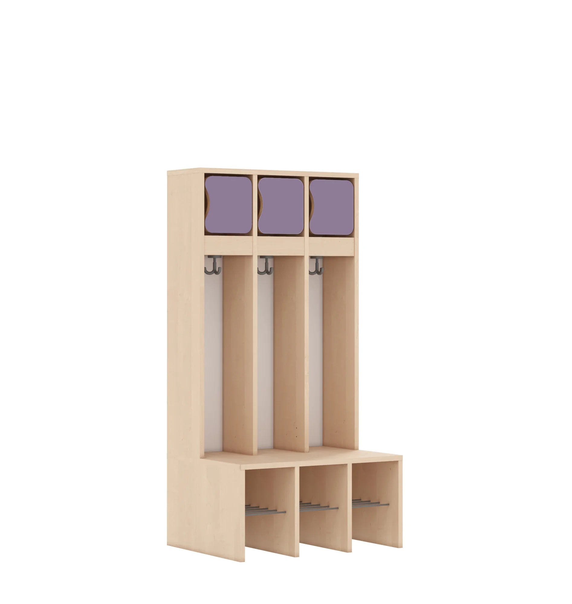 Szatnia trzyosobowa BLOX 672x520x1350 — drzwiczki górne – brzoza / pastelowy fioletowy