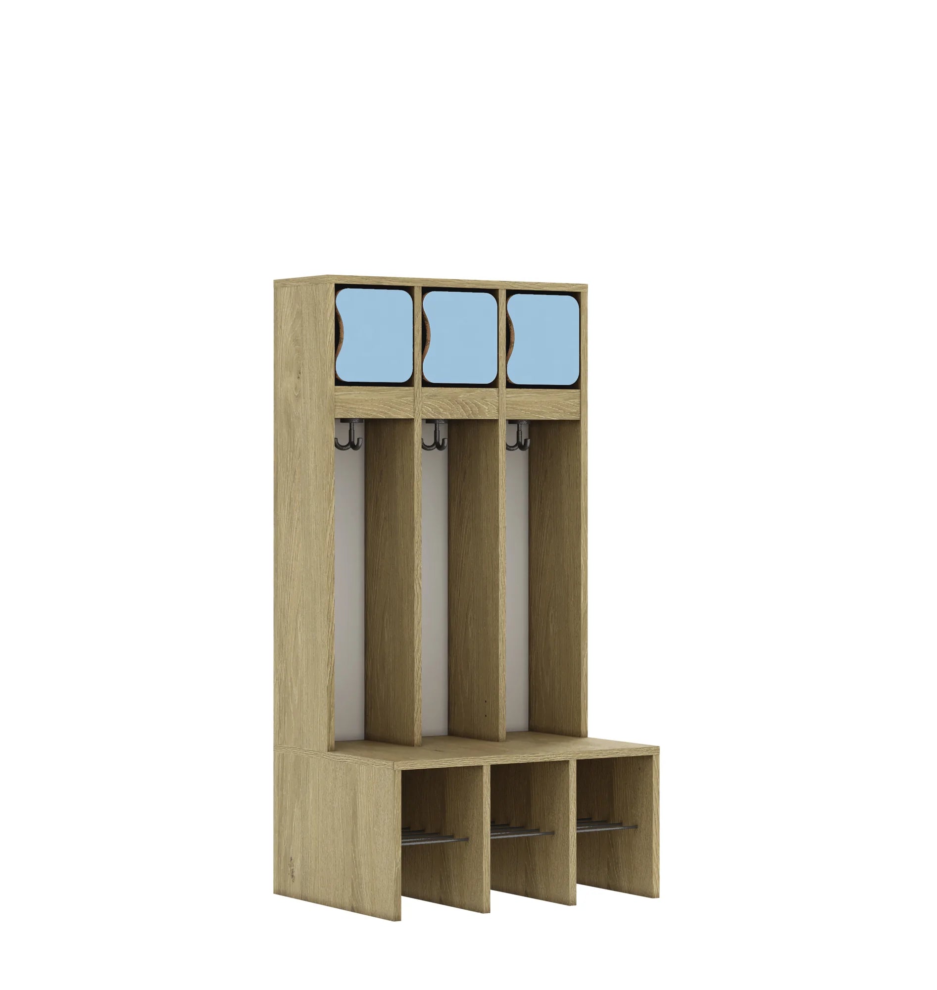 Szatnia trzyosobowa BLOX 672x520x1350 — drzwiczki górne – dąb / pastelowy niebieski