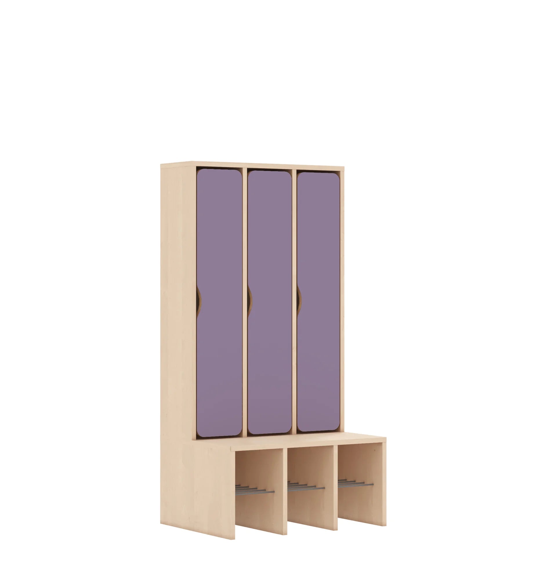 Szatnia trzyosobowa BLOX 672x520x1350 — drzwiczki pełne – brzoza / pastelowy fioletowy