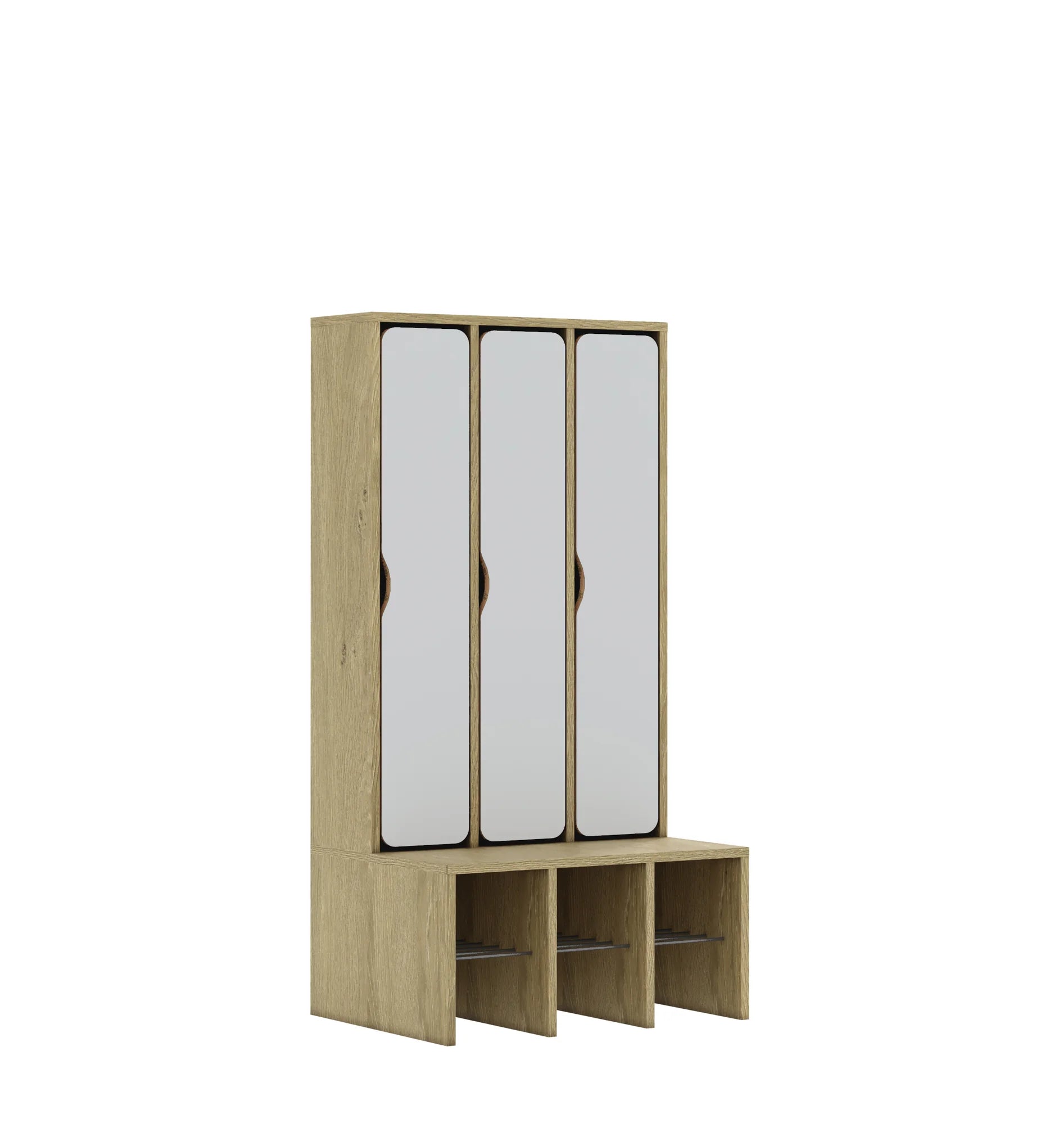 Szatnia trzyosobowa BLOX 672x520x1350 — drzwiczki pełne – dąb / jasny szary