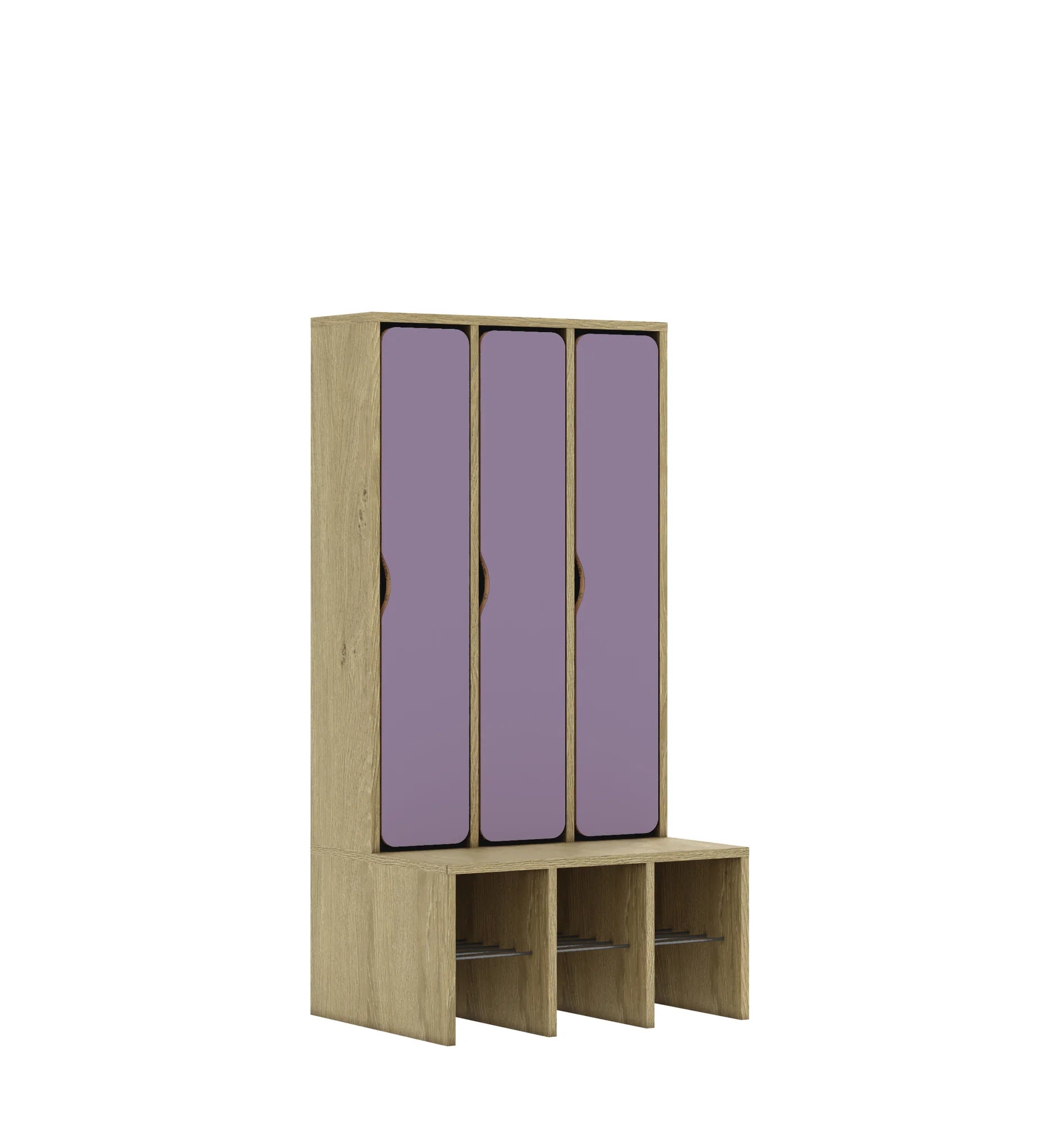 Szatnia trzyosobowa BLOX 672x520x1350 — drzwiczki pełne – dąb / pastelowy fioletowy