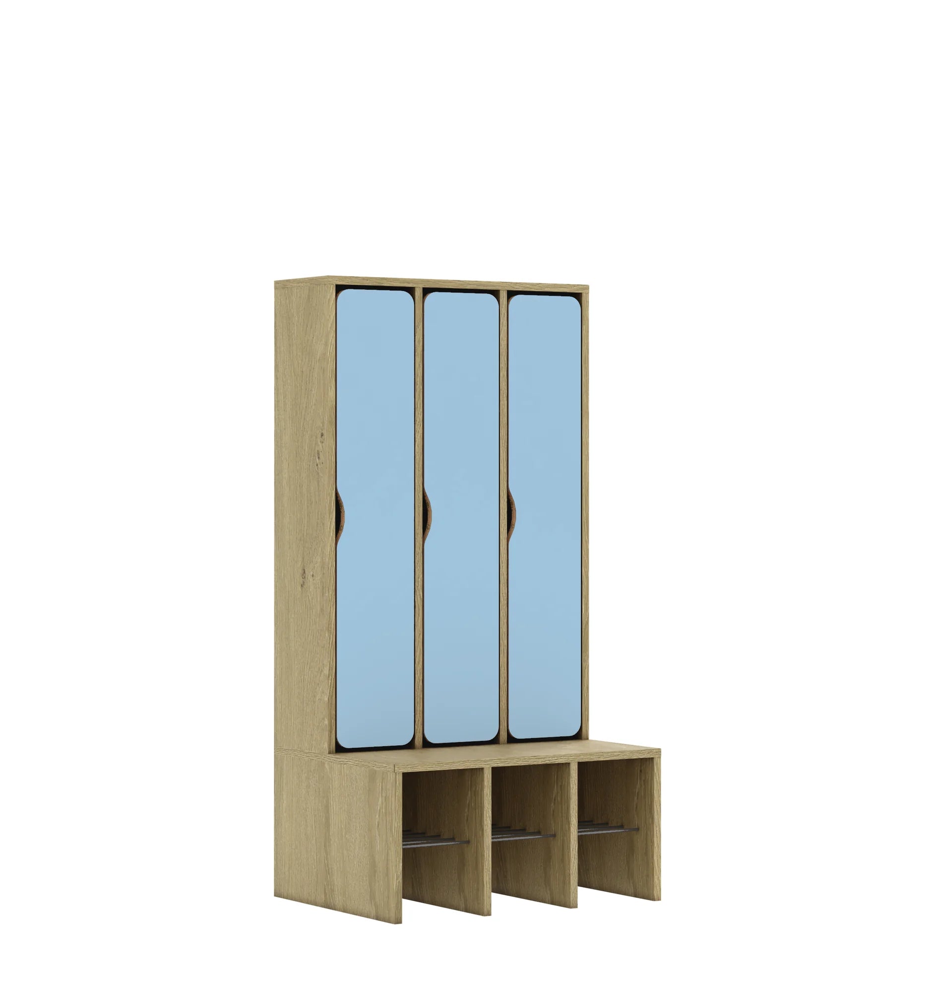Szatnia trzyosobowa BLOX 672x520x1350 — drzwiczki pełne – dąb / pastelowy niebieski