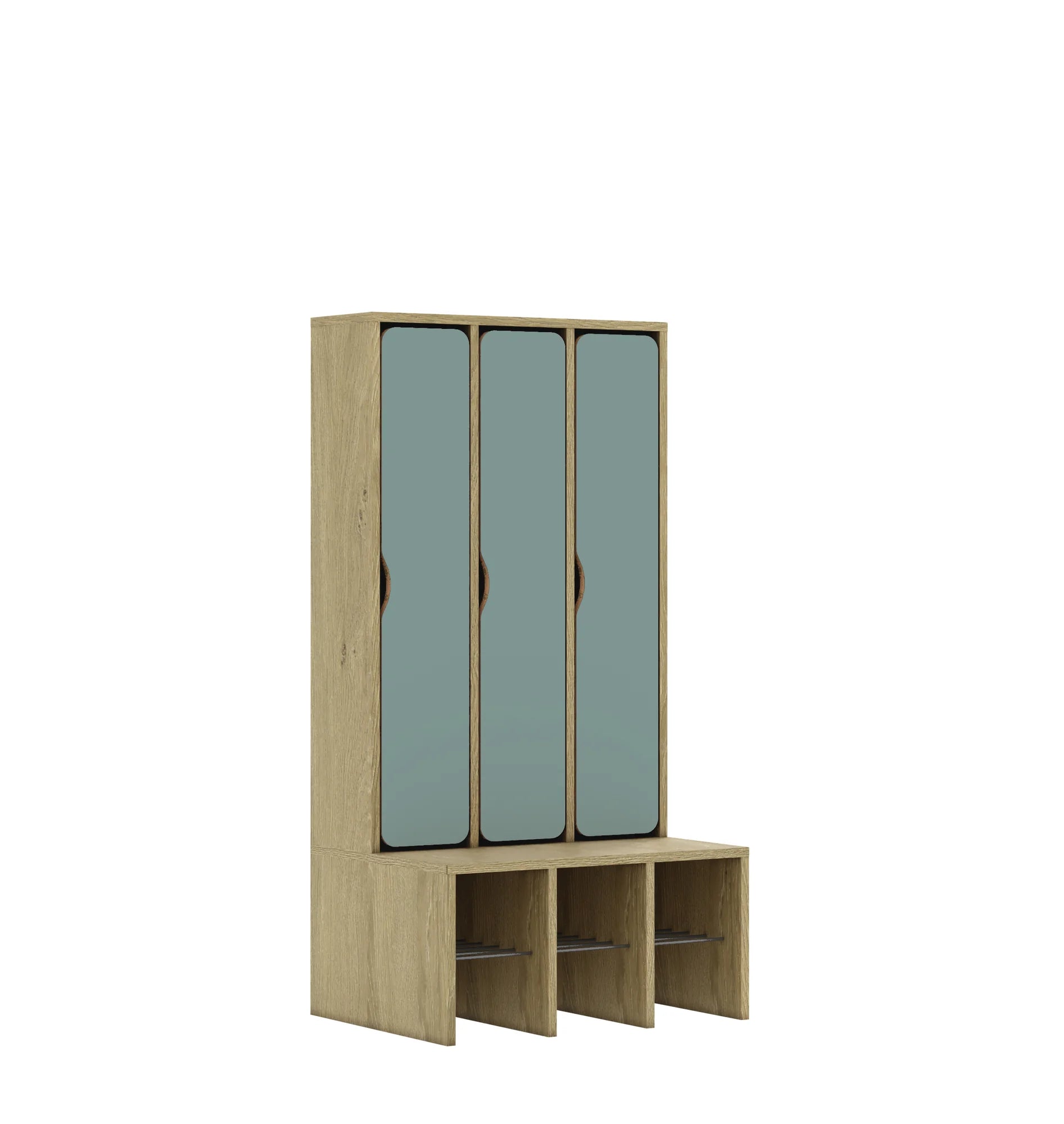 Szatnia trzyosobowa BLOX 672x520x1350 — drzwiczki pełne – dąb / pastelowy zielony