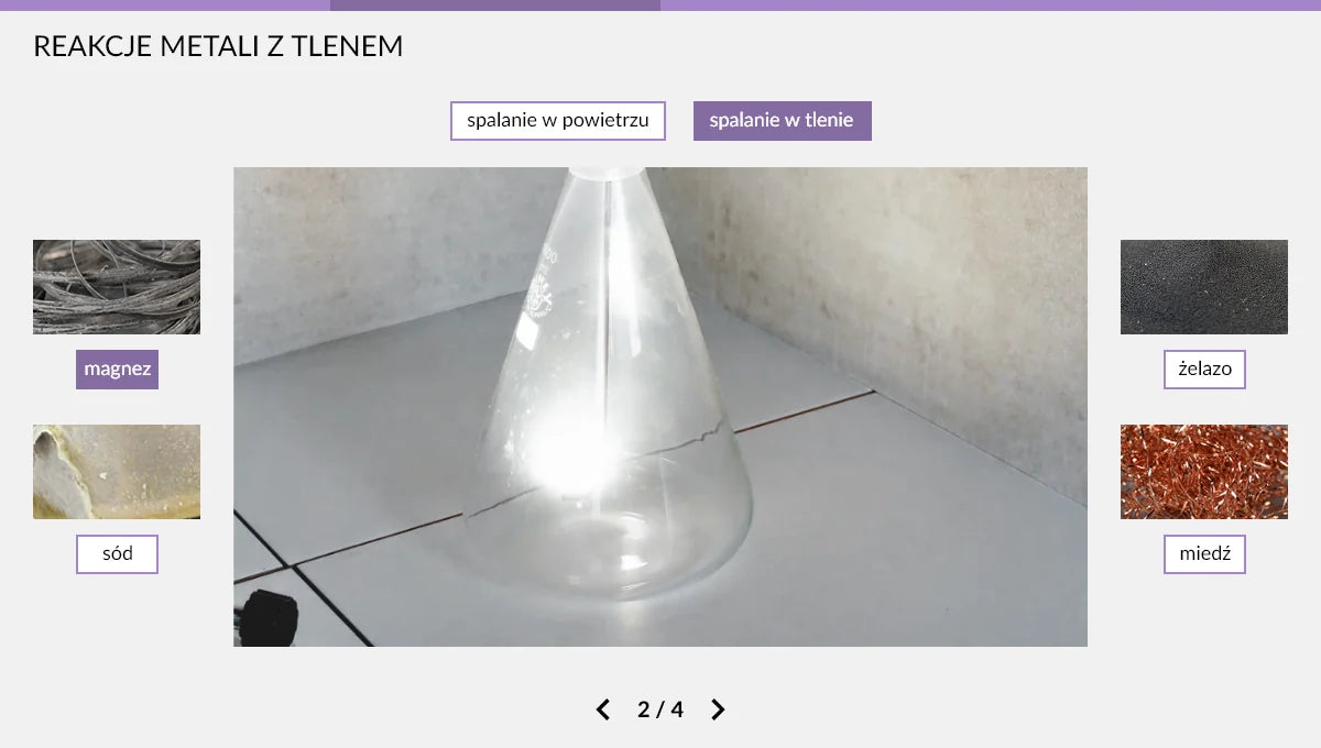 Wirtualne Laboratoria Przyrodnicze Chemia, szkoła ponadpodstawowa, ekran doświadczenia 1